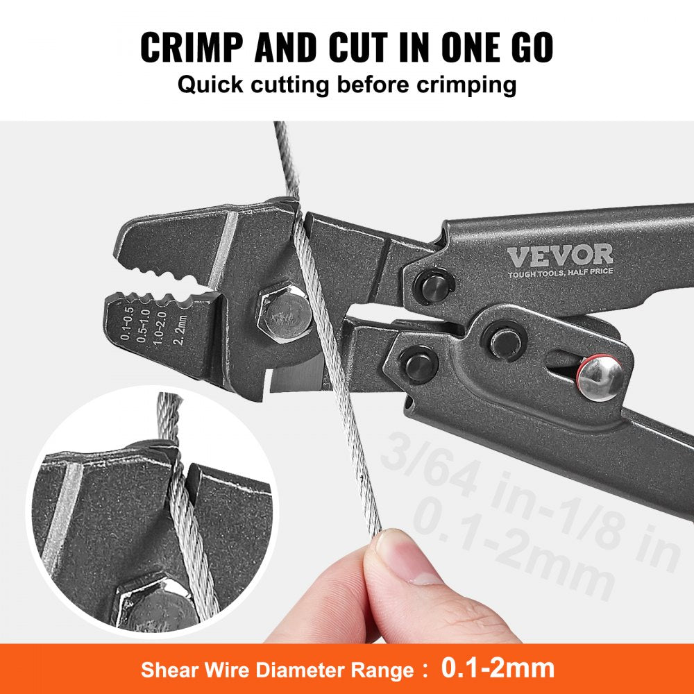 VEVOR Crimping Tool, Up To 2.2mm Wire Rope Crimping Tool, Crimping Loop Sleeve Kit with a Cable Cutter and 160pcs Aluminum Buckles, Teflon Coating Anti-Rust Fishing Crimping Tool 