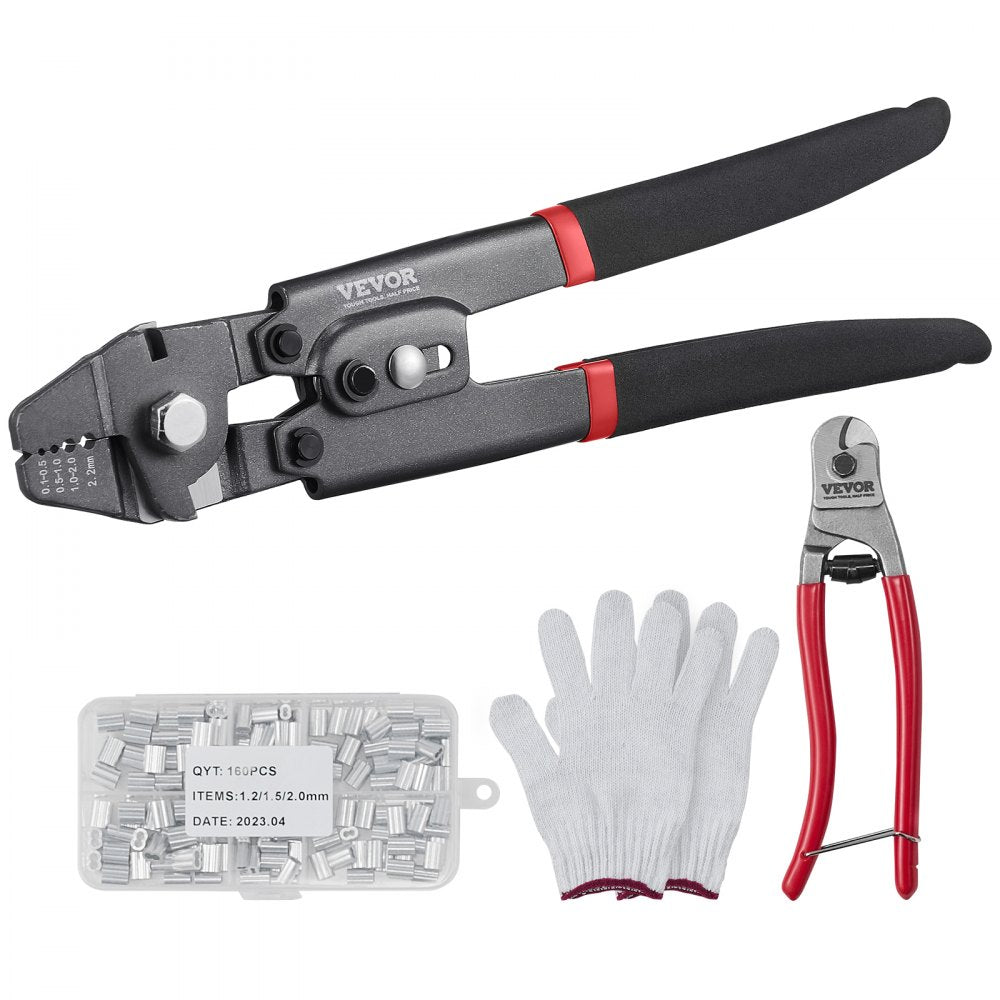VEVOR Crimping Tool, Up To 2.2mm Wire Rope Crimping Tool, Crimping Loop Sleeve Kit with a Cable Cutter and 160pcs Aluminum Buckles, Teflon Coating Anti-Rust Fishing Crimping Tool 