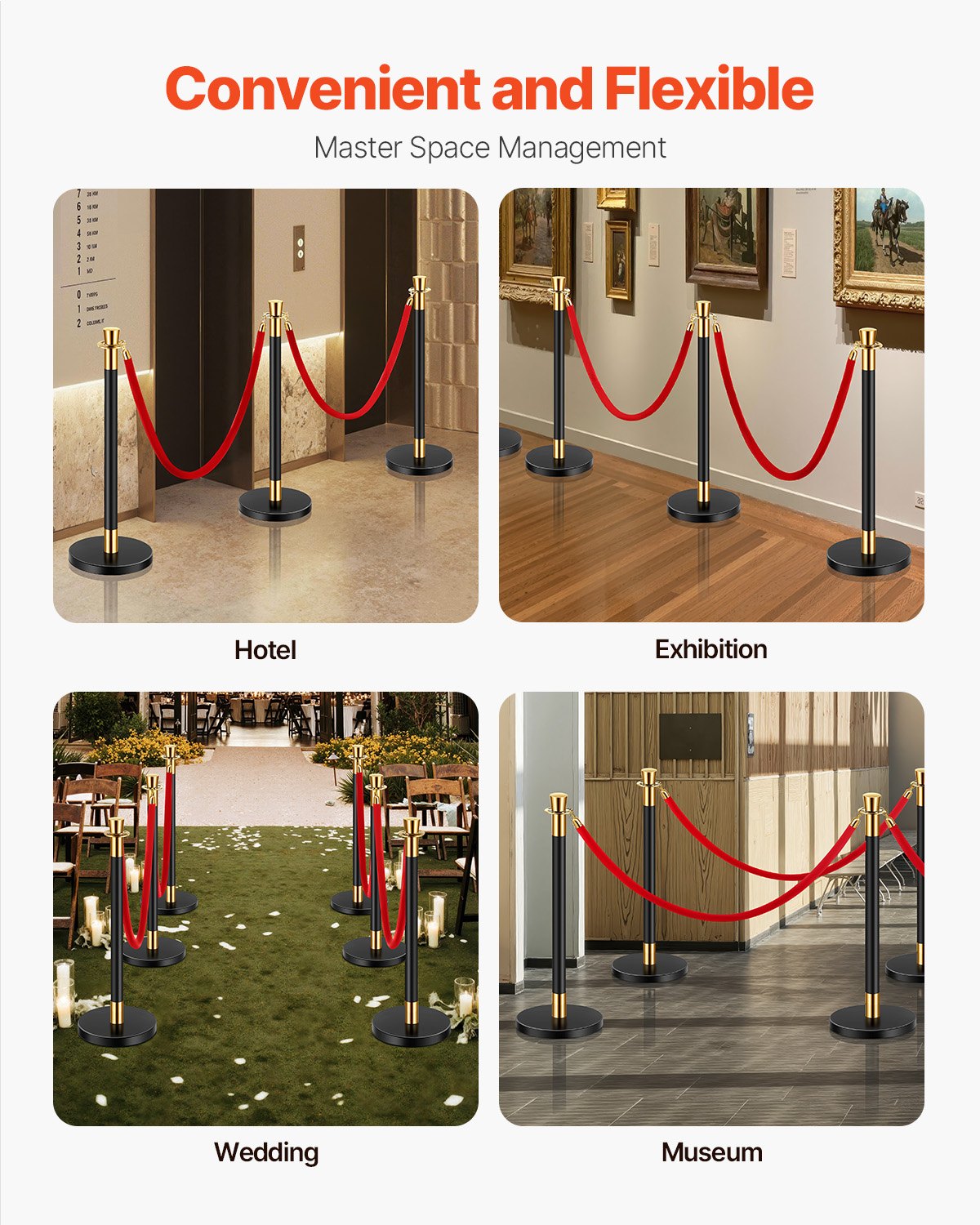 VEVOR 6 Pcs Stanchion Post with 4 Red Velvet Ropes & Sand Injection Hollow Base 