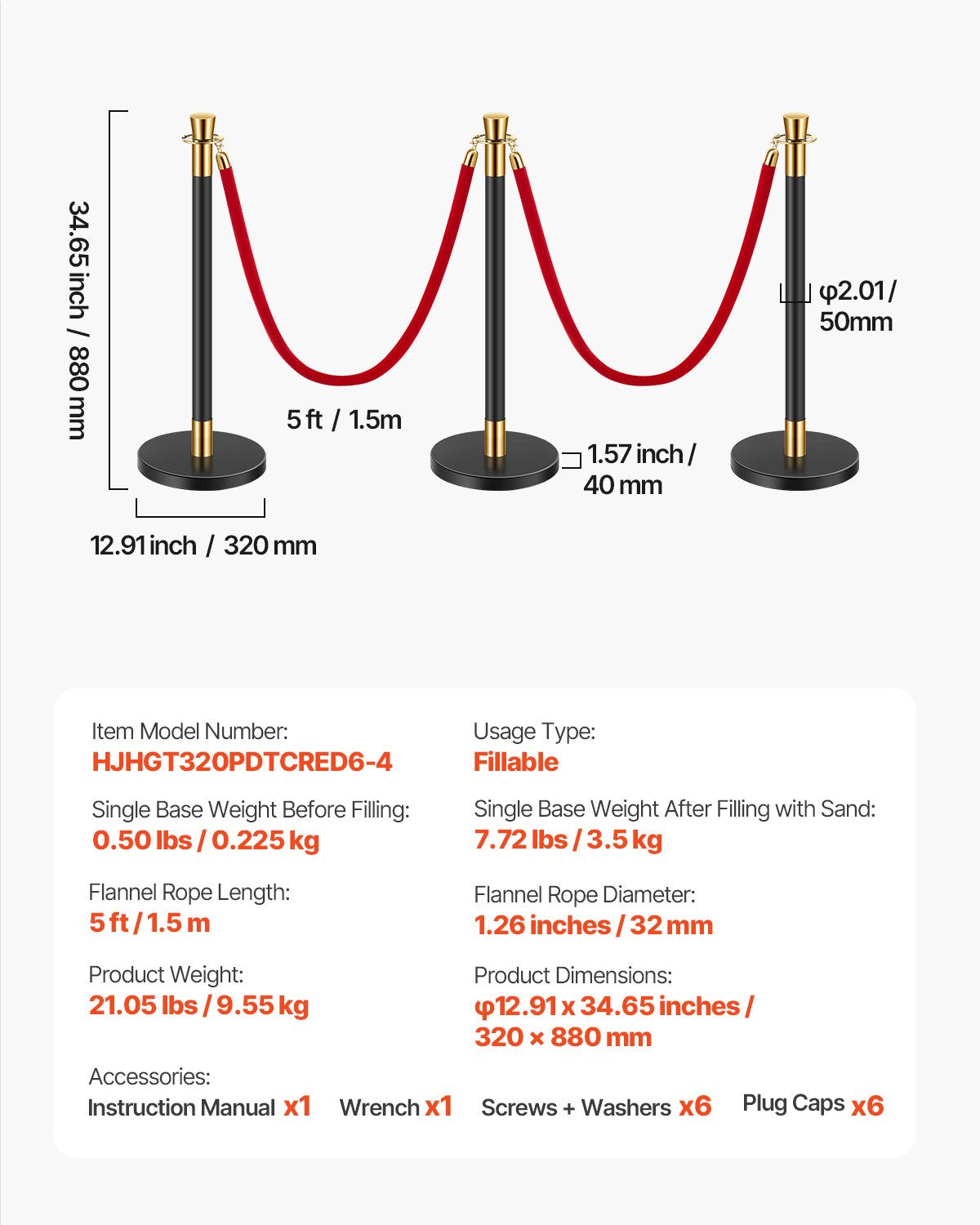 VEVOR 6 Pcs Stanchion Post with 4 Red Velvet Ropes & Sand Injection Hollow Base 