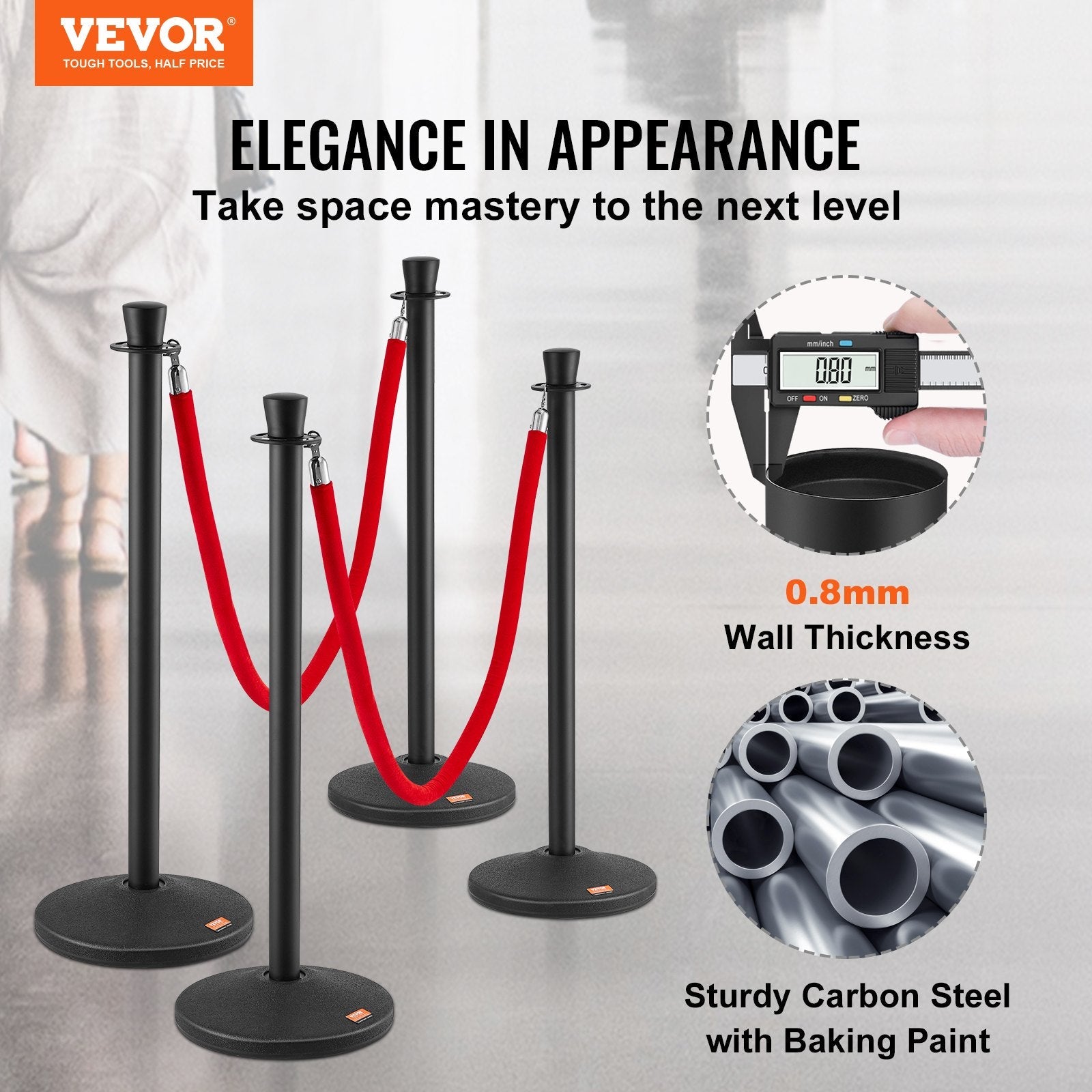 VEVOR Stanchion Posts with Velvet Ropes, 6-Pack Crowd Control Stanchion with 6PCS 5FT Red Velvet Ropes, Carbon Steel Baking Painted Queue Barrier Line Divider & Fillable Plastic Base for Wedding Party 