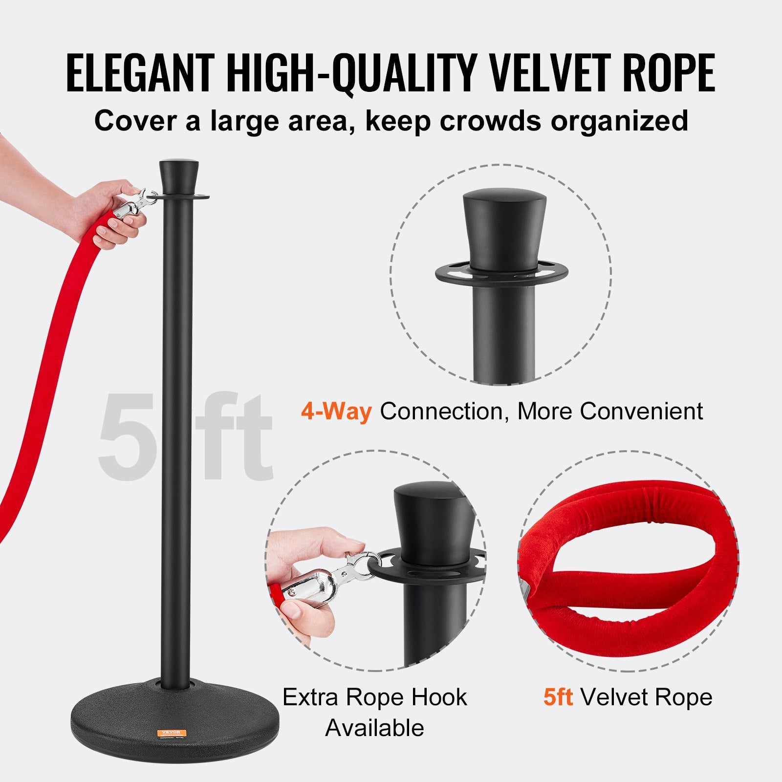 VEVOR Stanchion Posts with Velvet Ropes, 6-Pack Crowd Control Stanchion with 6PCS 5FT Red Velvet Ropes, Carbon Steel Baking Painted Queue Barrier Line Divider & Fillable Plastic Base for Wedding Party 