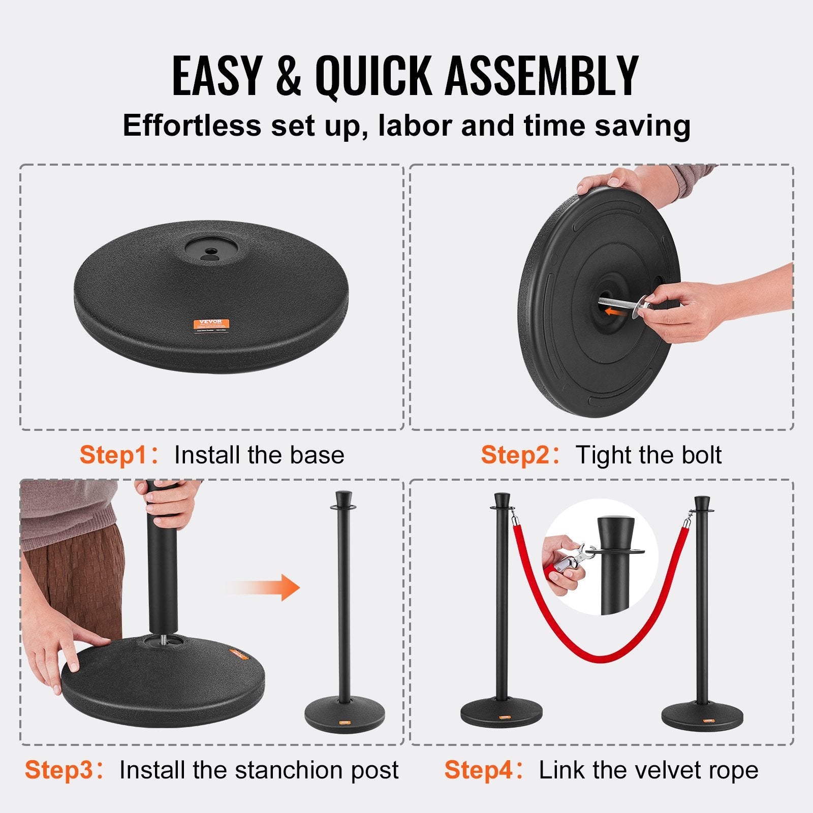 VEVOR Stanchion Posts with Velvet Ropes, 6-Pack Crowd Control Stanchion with 6PCS 5FT Red Velvet Ropes, Carbon Steel Baking Painted Queue Barrier Line Divider & Fillable Plastic Base for Wedding Party 