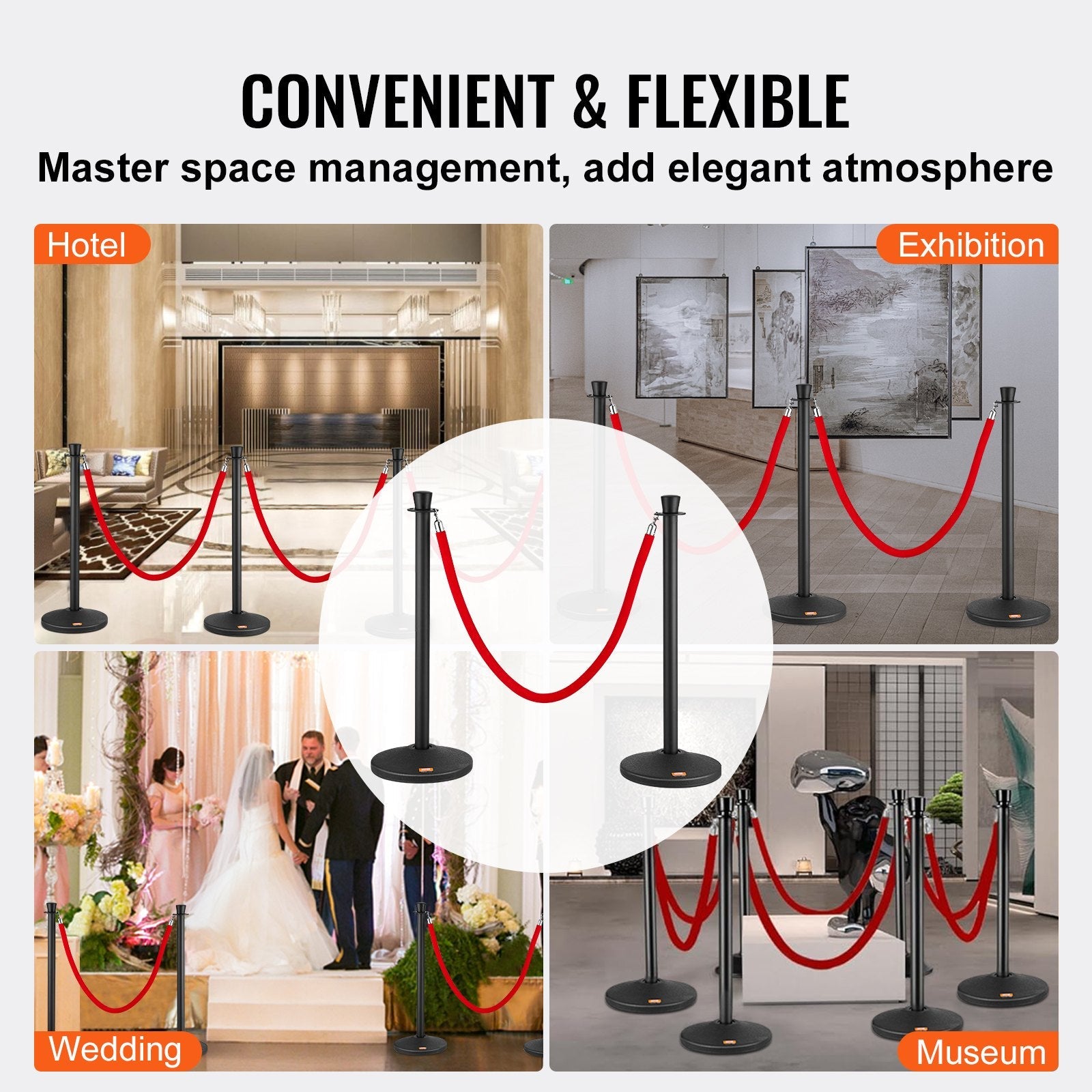 VEVOR Stanchion Posts with Velvet Ropes, 6-Pack Crowd Control Stanchion with 6PCS 5FT Red Velvet Ropes, Carbon Steel Baking Painted Queue Barrier Line Divider & Fillable Plastic Base for Wedding Party 