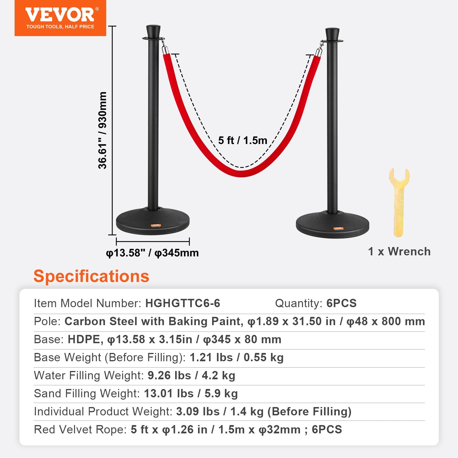 VEVOR Stanchion Posts with Velvet Ropes, 6-Pack Crowd Control Stanchion with 6PCS 5FT Red Velvet Ropes, Carbon Steel Baking Painted Queue Barrier Line Divider & Fillable Plastic Base for Wedding Party 