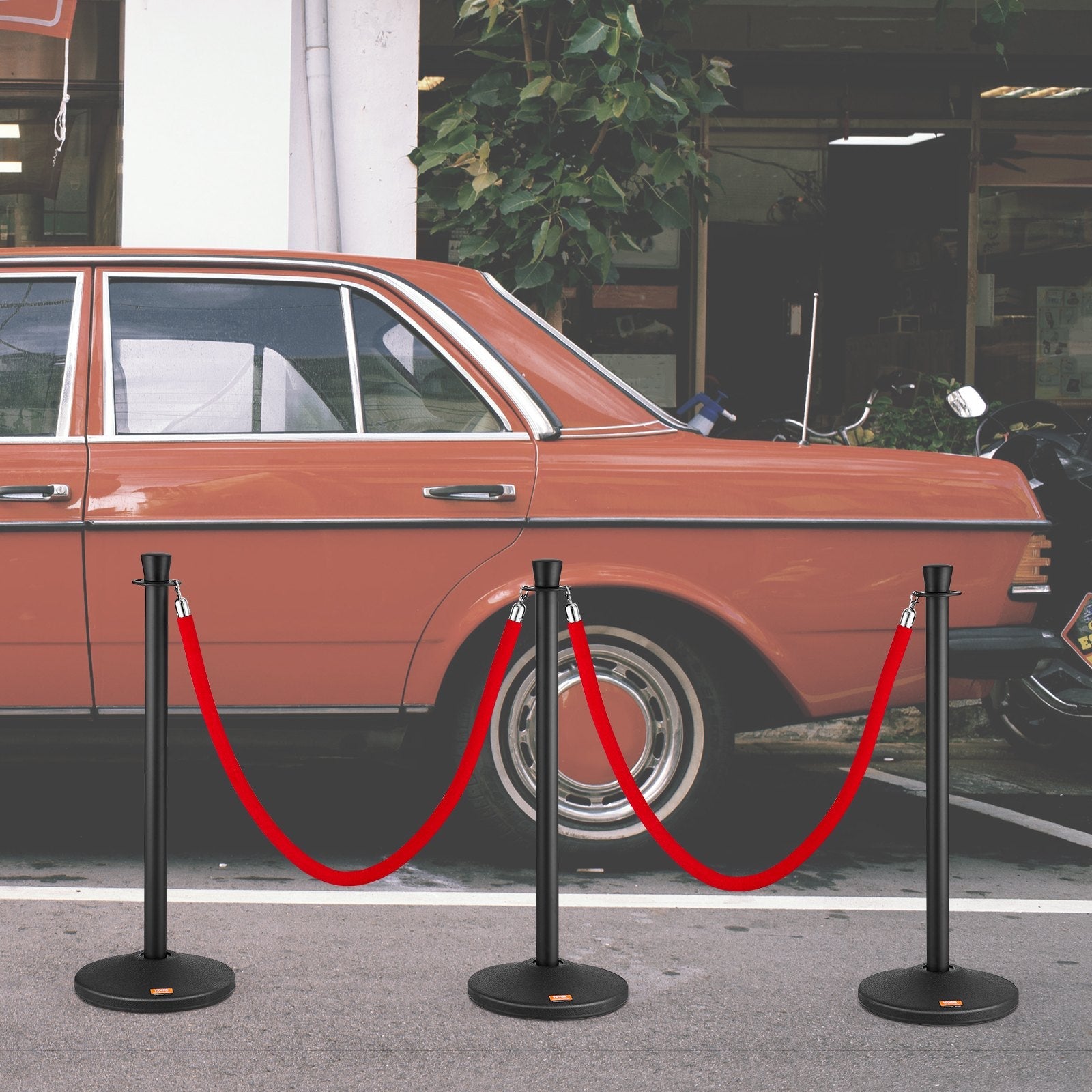 VEVOR Stanchion Posts with Velvet Ropes, 6-Pack Crowd Control Stanchion with 6PCS 5FT Red Velvet Ropes, Carbon Steel Baking Painted Queue Barrier Line Divider & Fillable Plastic Base for Wedding Party 