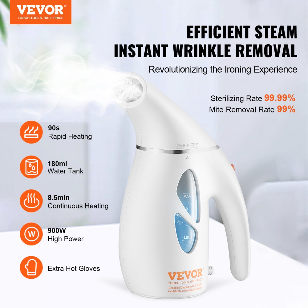VEVOR Portable Handheld Fabric Steamer, 900W Quick Heat Steamer for Clothes, Wrinkle Remover Clothing Iron Intelligent Controller & Auto-Off & Large Detachable Water Tank, With Gloves 
