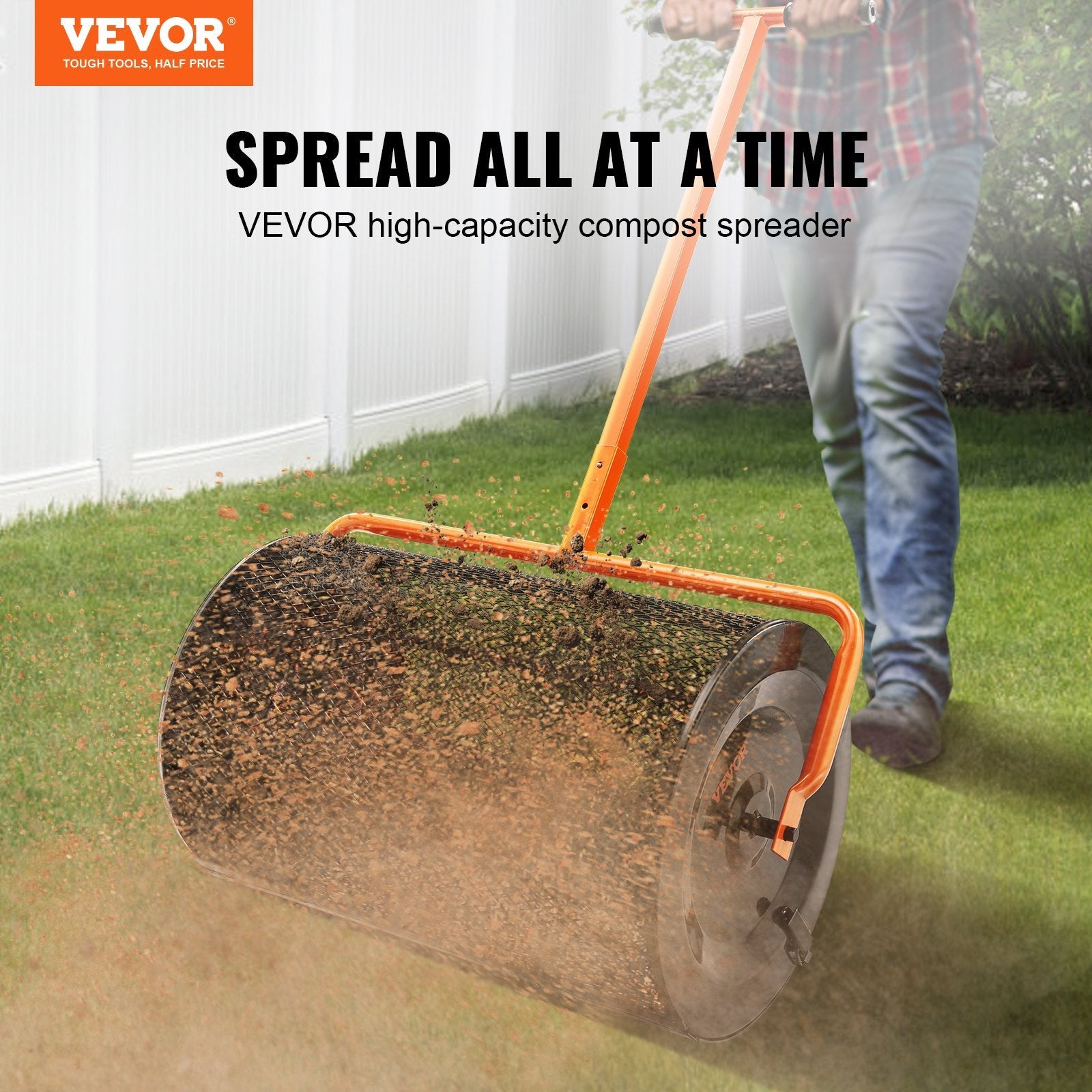 VEVOR Compost Spreader, 24.4-25.6" Height Adjustable Handle, 24" Wide, Lawn and Garden Peat Moss Roller with Side Latches, Powder Coated Steel Mesh Basket for Spreading Manure, Topsoil, Black 
