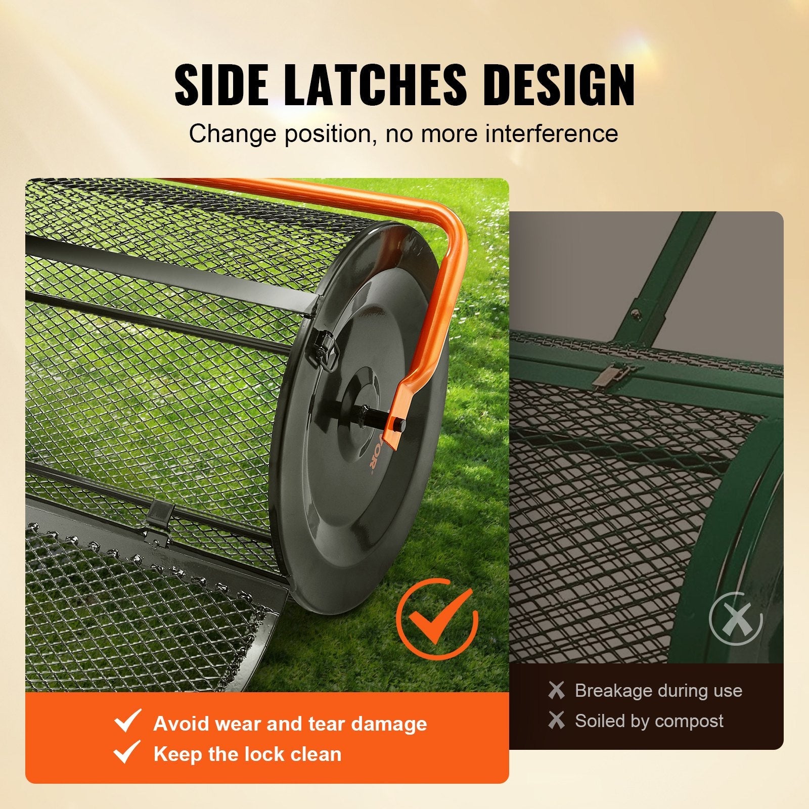 VEVOR Compost Spreader, 24.4-25.6" Height Adjustable Handle, 24" Wide, Lawn and Garden Peat Moss Roller with Side Latches, Powder Coated Steel Mesh Basket for Spreading Manure, Topsoil, Black 