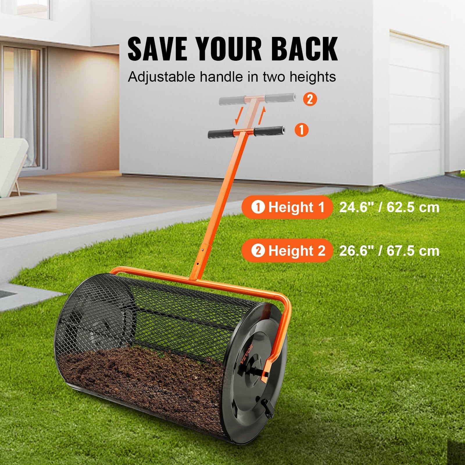 VEVOR Compost Spreader, 24.4-25.6" Height Adjustable Handle, 24" Wide, Lawn and Garden Peat Moss Roller with Side Latches, Powder Coated Steel Mesh Basket for Spreading Manure, Topsoil, Black 