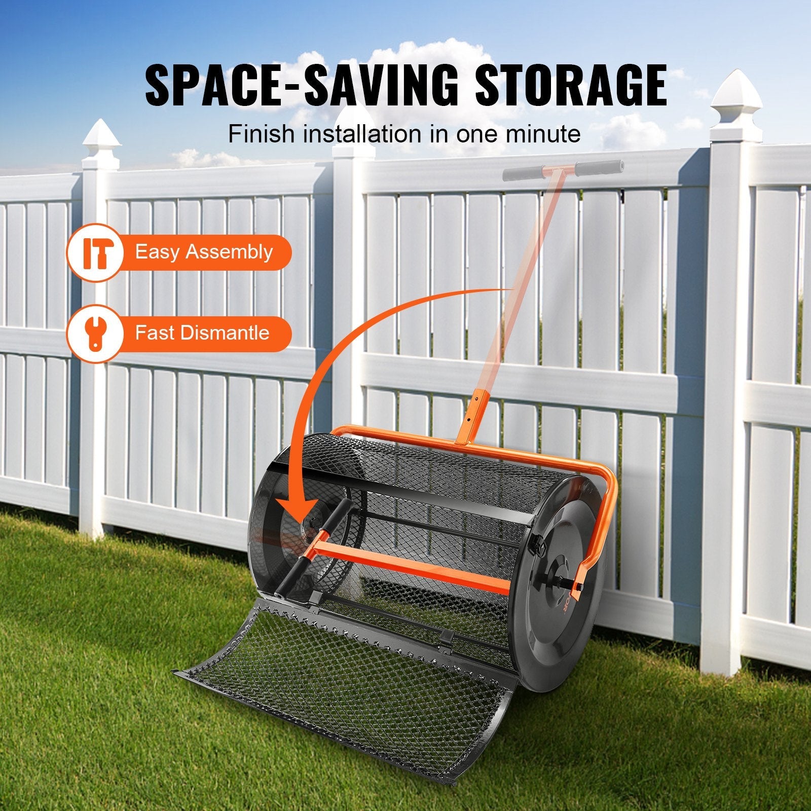 VEVOR Compost Spreader, 24.4-25.6" Height Adjustable Handle, 24" Wide, Lawn and Garden Peat Moss Roller with Side Latches, Powder Coated Steel Mesh Basket for Spreading Manure, Topsoil, Black 