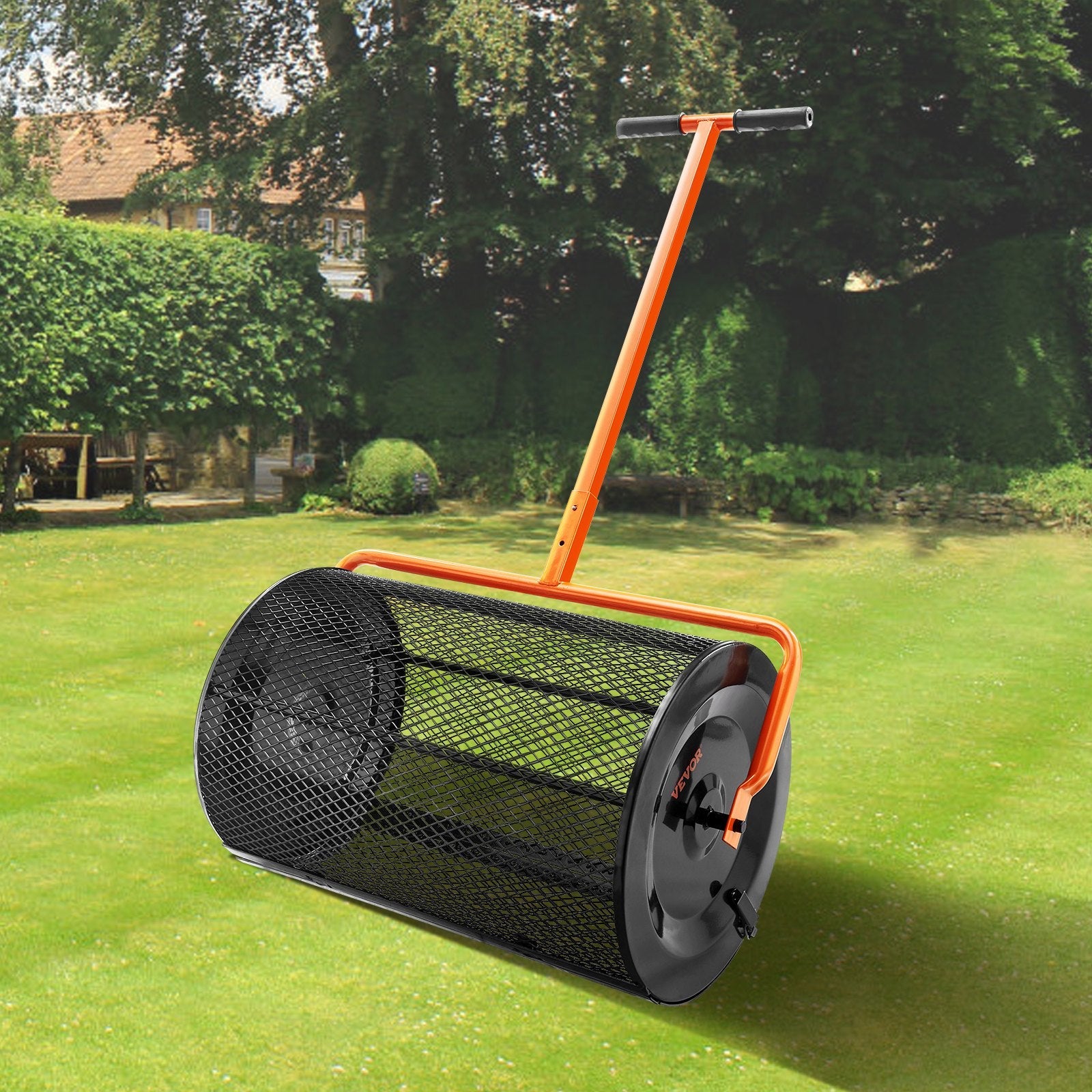 VEVOR Compost Spreader, 24.4-25.6" Height Adjustable Handle, 24" Wide, Lawn and Garden Peat Moss Roller with Side Latches, Powder Coated Steel Mesh Basket for Spreading Manure, Topsoil, Black 