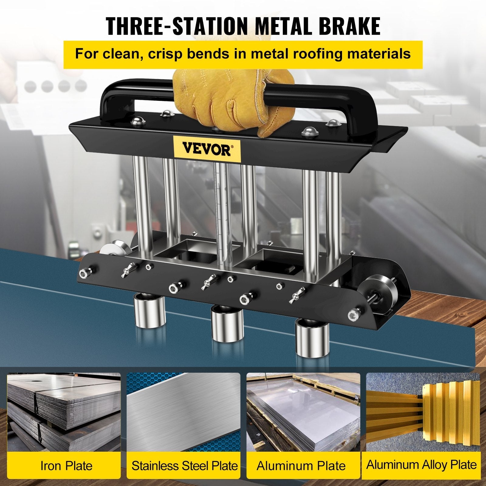 VEVOR Sheet Metal Brake, 0-90° Bending Angle, 3-Station Design Edge Roller, 0.63" to 5.7"(16-145 mm) Bend Range in 30-19 Gauge Steel, for Making Bends on a Straight Panel or Curve 