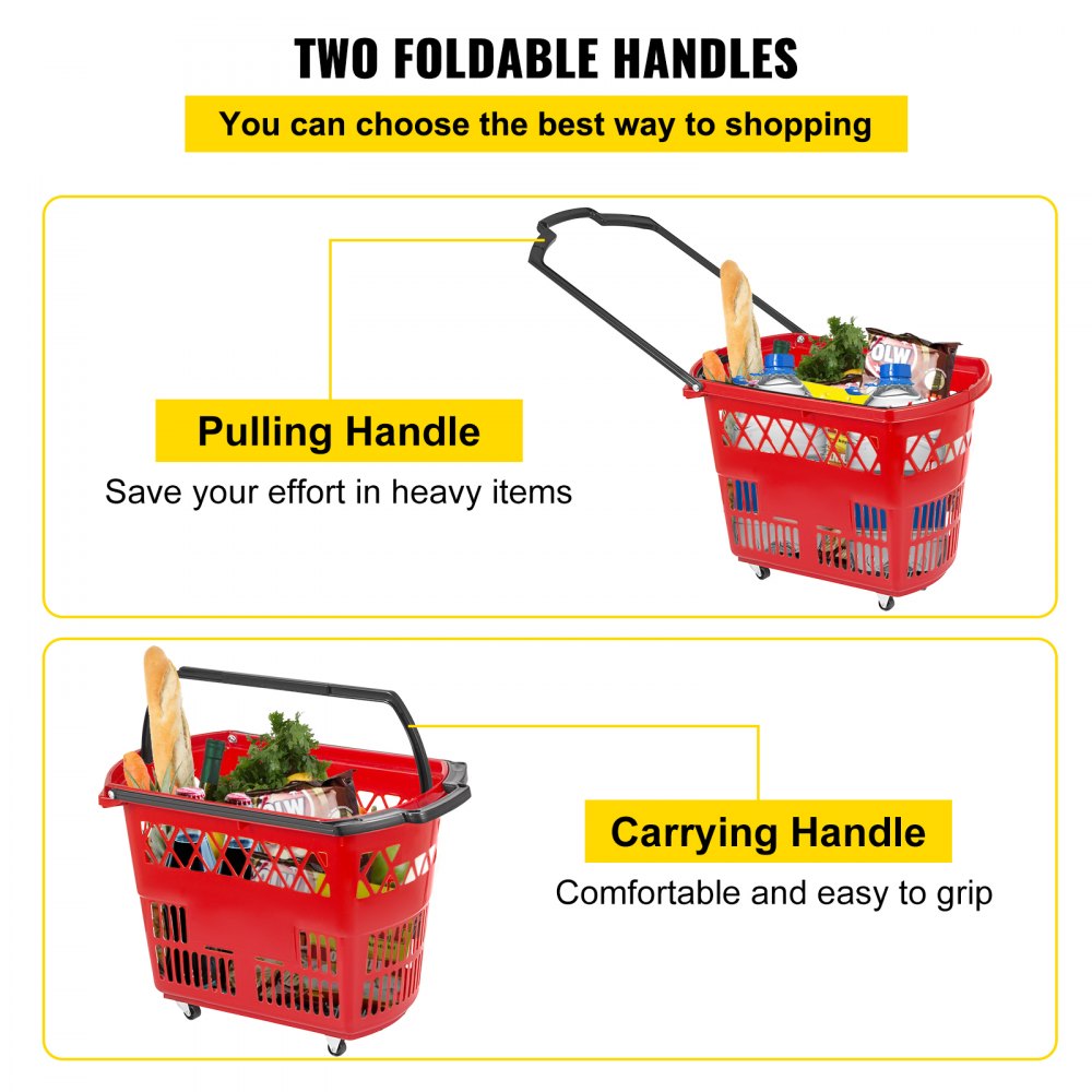 VEVOR 6PCS Shopping Carts, Plastic Rolling Shopping Basket with Wheels, Red Shopping Baskets with Handles, Portable Shopping Basket Set for Retail Store 