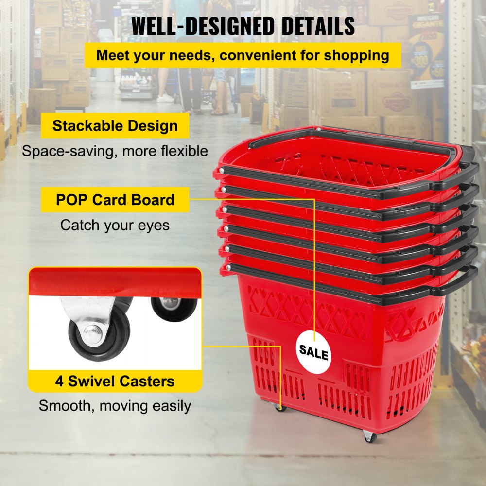 VEVOR 6PCS Shopping Carts, Plastic Rolling Shopping Basket with Wheels, Red Shopping Baskets with Handles, Portable Shopping Basket Set for Retail Store 