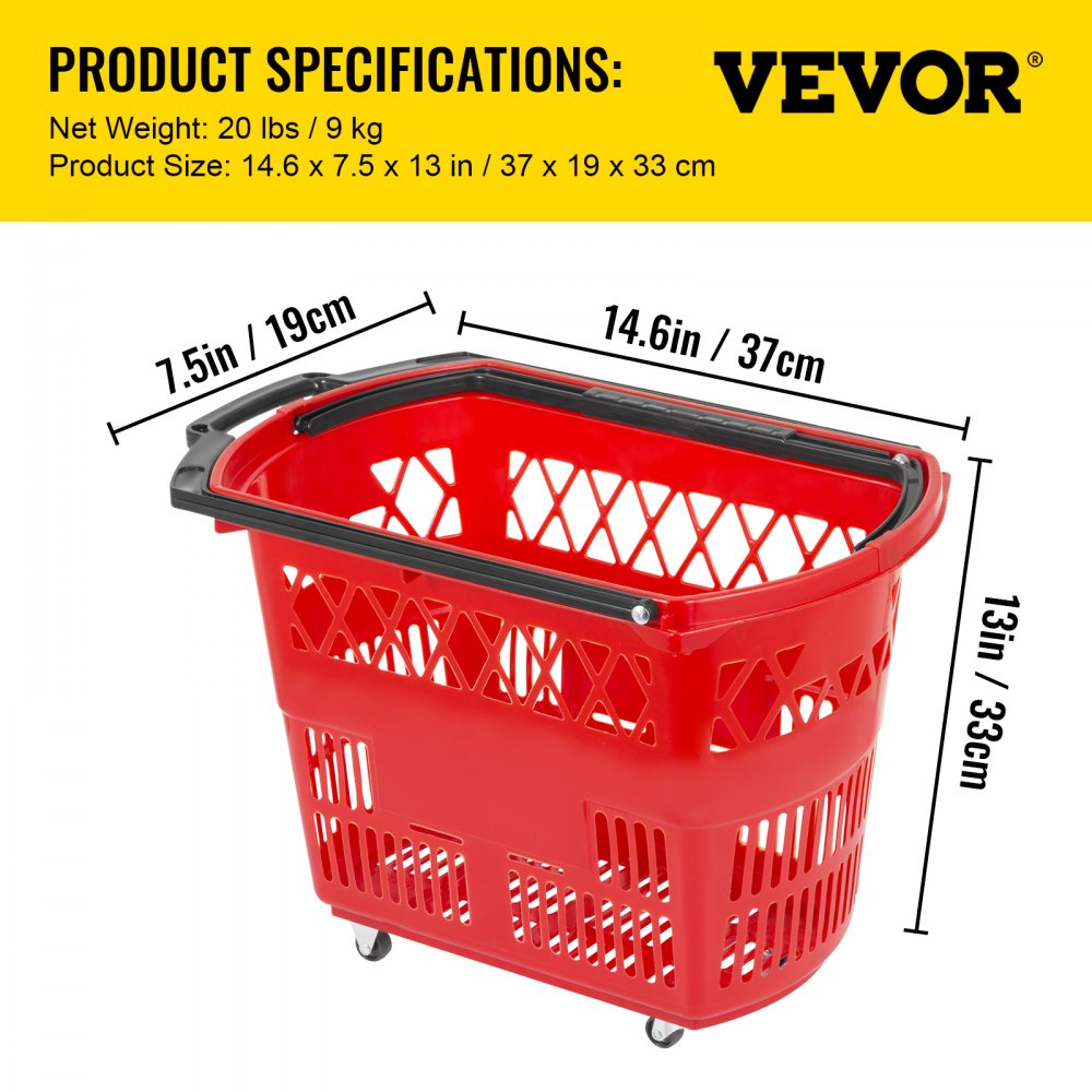 VEVOR 6PCS Shopping Carts, Plastic Rolling Shopping Basket with Wheels, Red Shopping Baskets with Handles, Portable Shopping Basket Set for Retail Store 