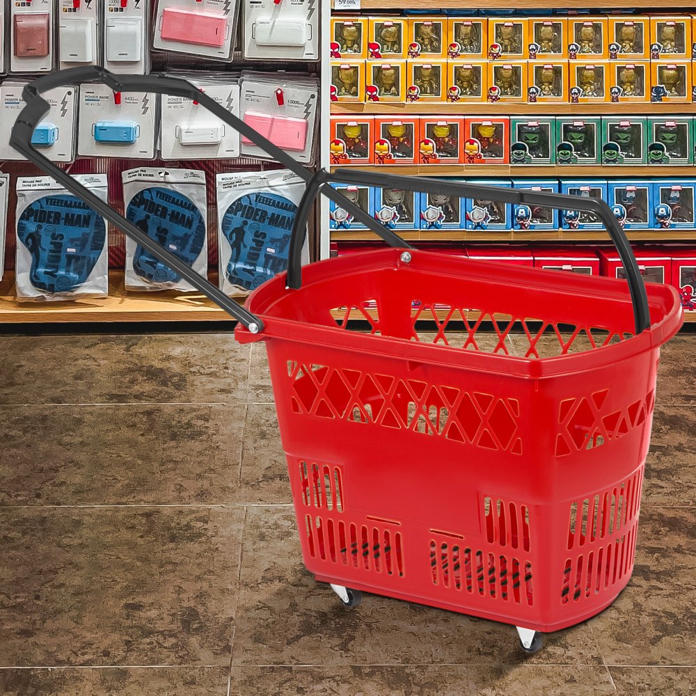 VEVOR 6PCS Shopping Carts, Plastic Rolling Shopping Basket with Wheels, Red Shopping Baskets with Handles, Portable Shopping Basket Set for Retail Store 