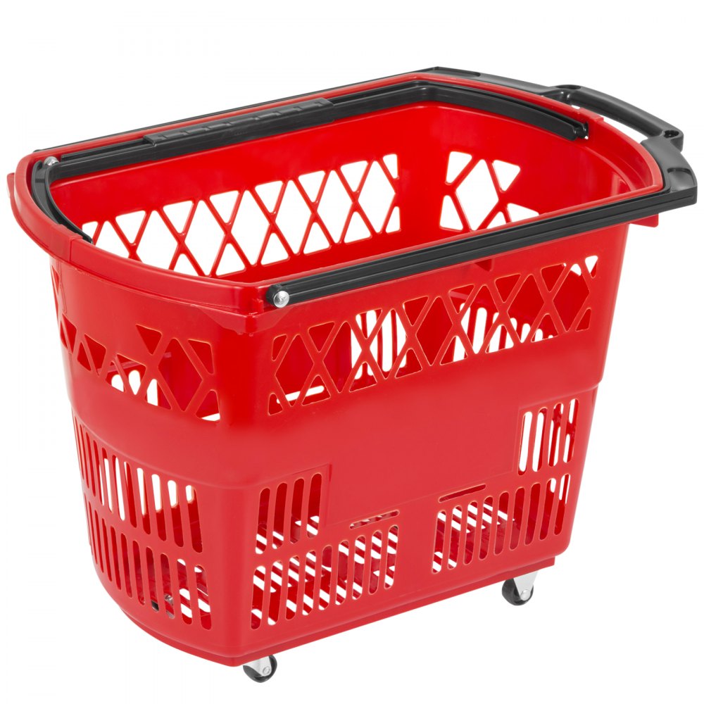 VEVOR 6PCS Shopping Carts, Plastic Rolling Shopping Basket with Wheels, Red Shopping Baskets with Handles, Portable Shopping Basket Set for Retail Store 
