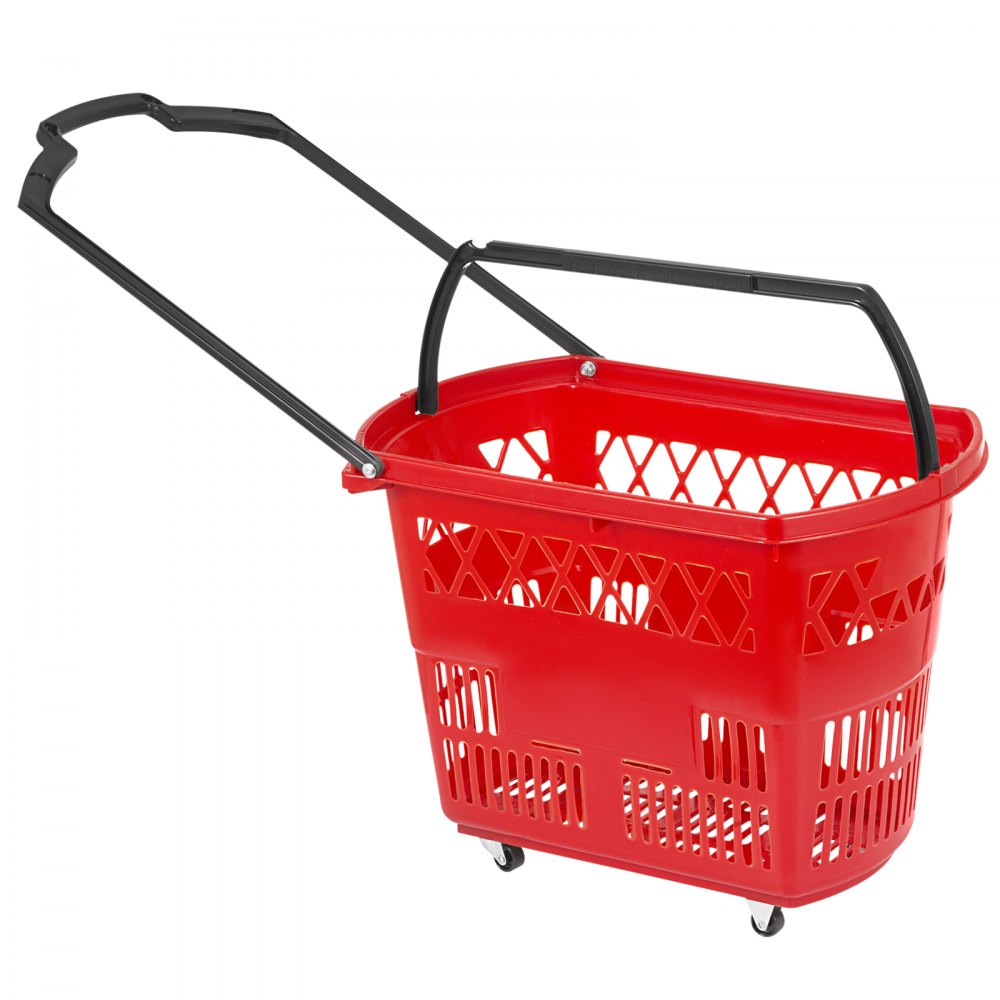 VEVOR 6PCS Shopping Carts, Plastic Rolling Shopping Basket with Wheels, Red Shopping Baskets with Handles, Portable Shopping Basket Set for Retail Store 