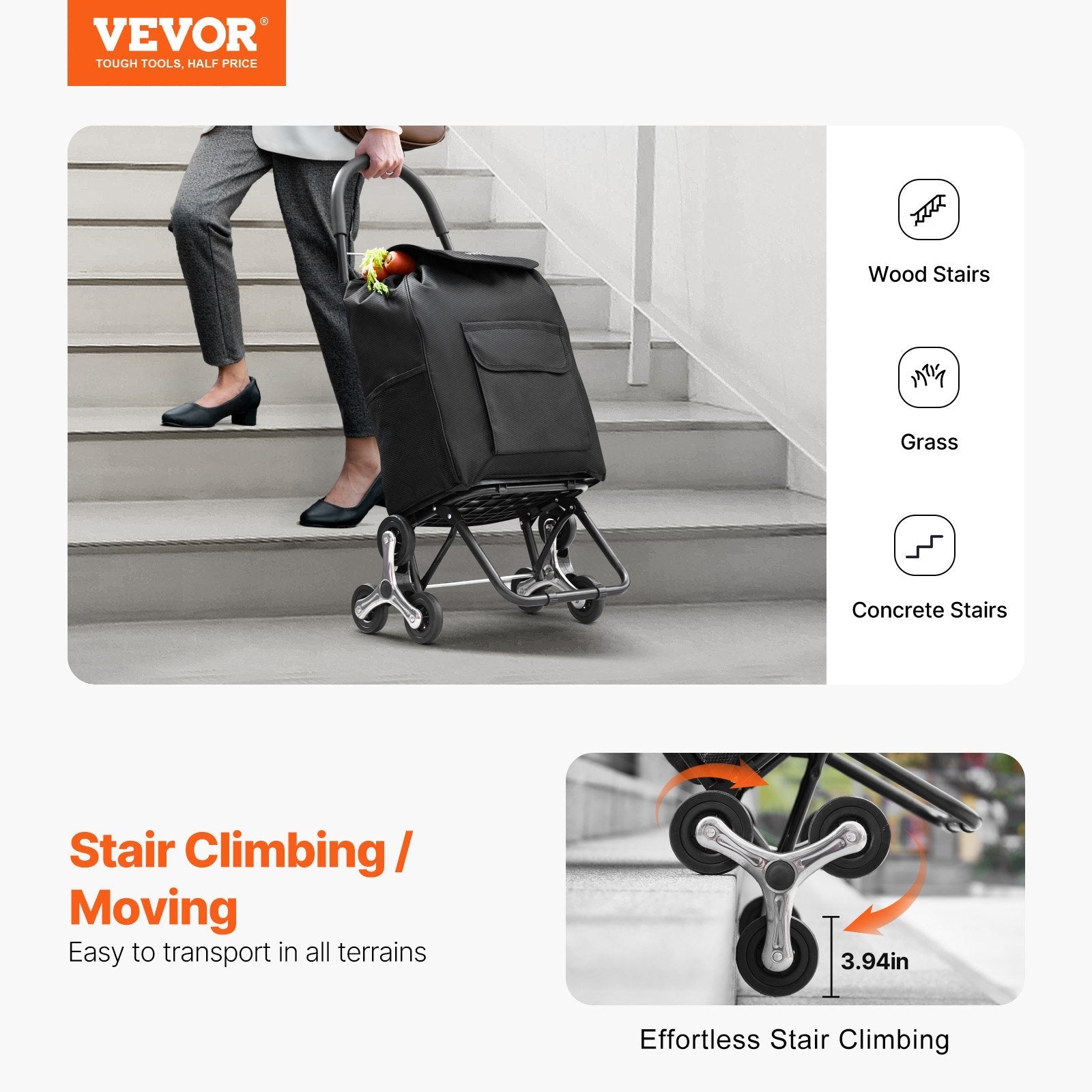 VEVOR Stair Climbing Cart Foldable Shopping Cart 36L with Storage Bag 6 Wheels 