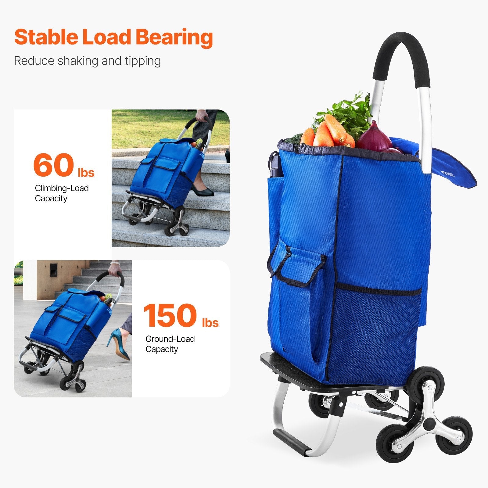 VEVOR Stair Climbing Cart Foldable Shopping Cart 36L with 6 Wheels Storage Bag 