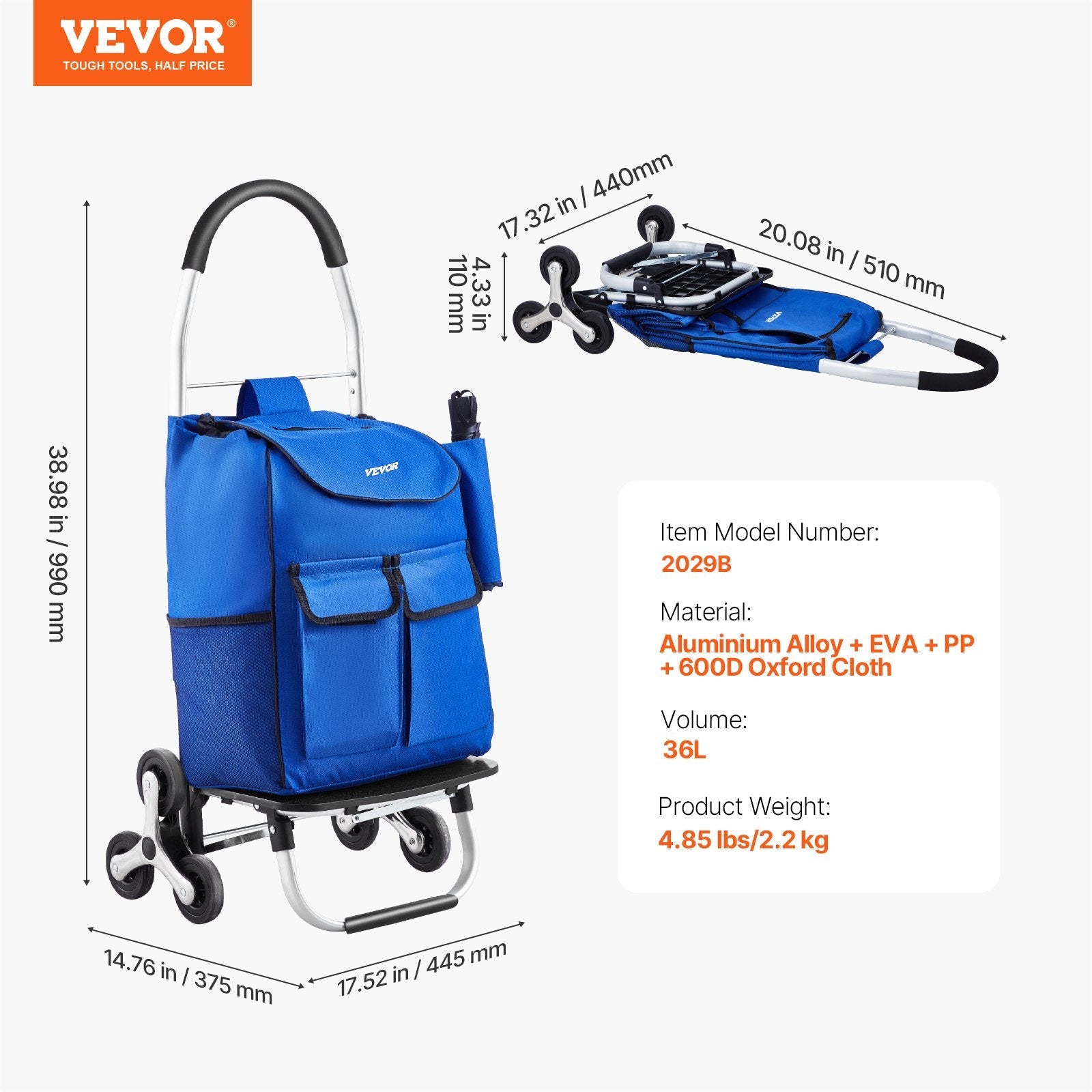 VEVOR Stair Climbing Cart Foldable Shopping Cart 36L with 6 Wheels Storage Bag 