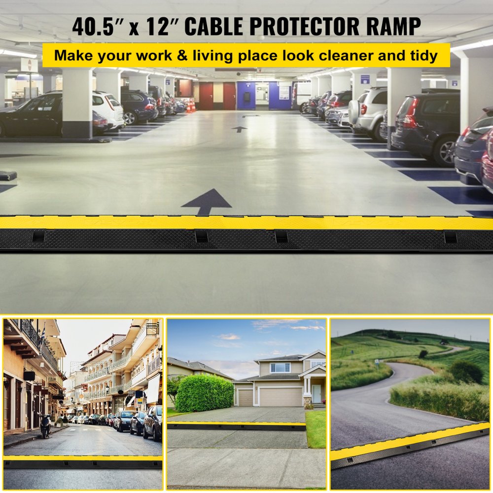 VEVOR 3 Channel Rubber Cable Protector Ramp 1.2 x 1.2 Inch Channel Heavy Duty Cable Wire Cord Cover Ramp Speed Bump Driveway Hose Cable Ramp Protector 