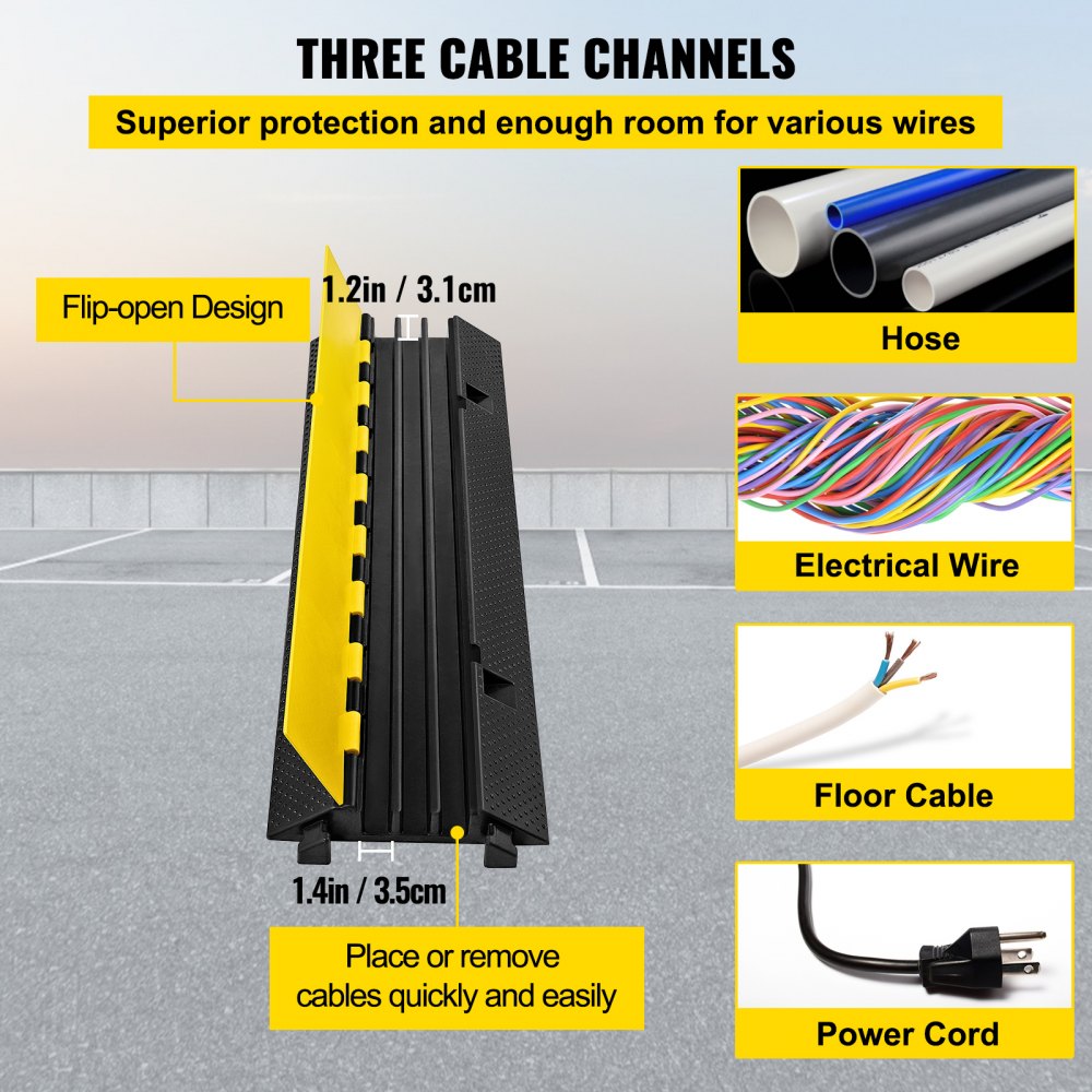 VEVOR 3 Channel Rubber Cable Protector Ramp 1.2 x 1.2 Inch Channel Heavy Duty Cable Wire Cord Cover Ramp Speed Bump Driveway Hose Cable Ramp Protector 