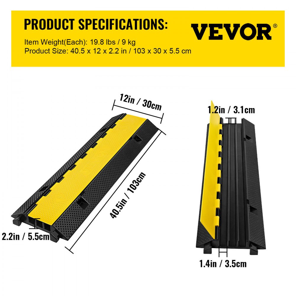 VEVOR 3 Channel Rubber Cable Protector Ramp 1.2 x 1.2 Inch Channel Heavy Duty Cable Wire Cord Cover Ramp Speed Bump Driveway Hose Cable Ramp Protector 
