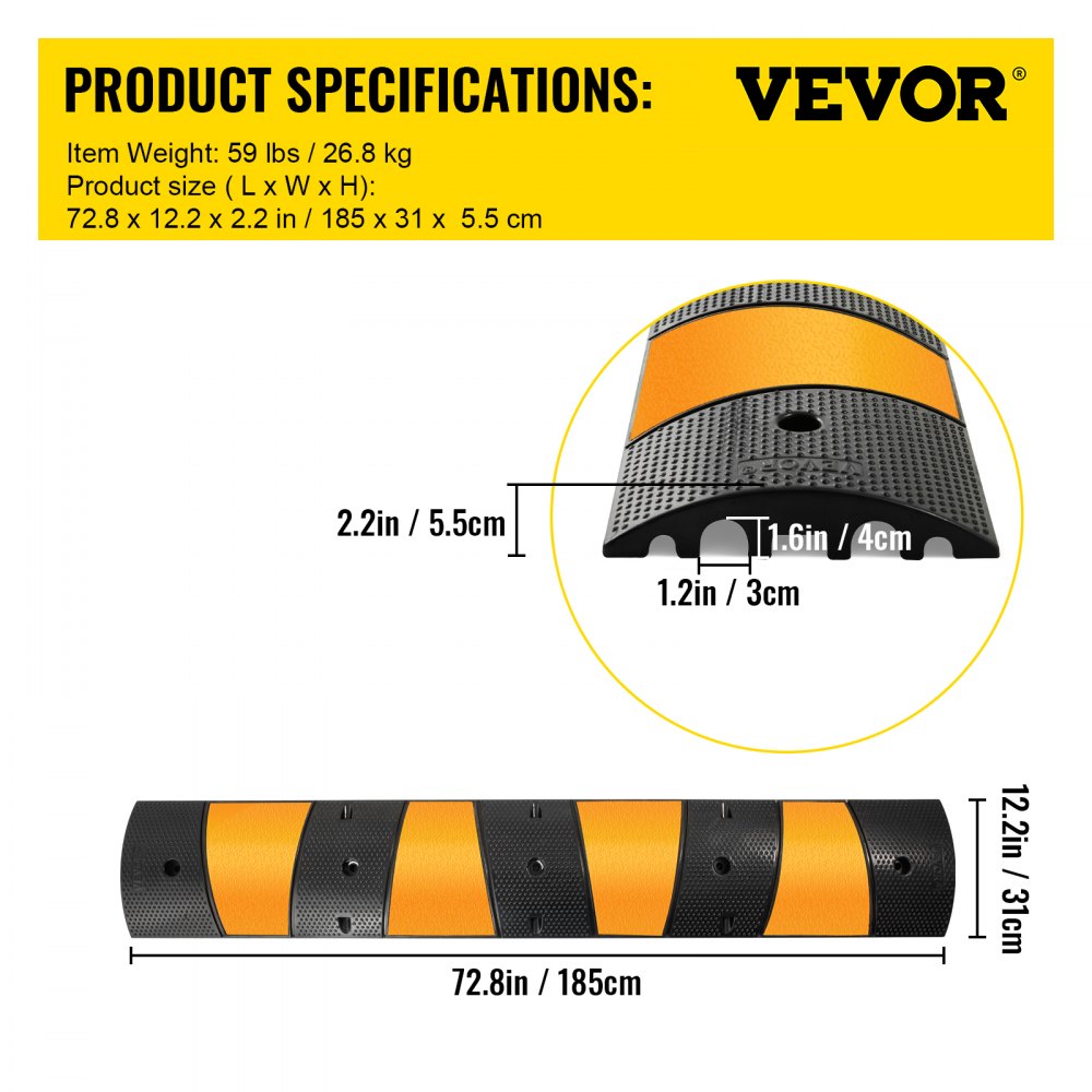 VEVOR 2pcs 6 Feet Rubber Speed Bump Driveway Modular Heavy Duty Speed Bumps 72.4 x 12 x 2.4 Inch Cable Protector Ramp for Garage Gravel Roads Asphalt Concrete (2-Channel, 2Pack-6Ft-Speed Bump) 