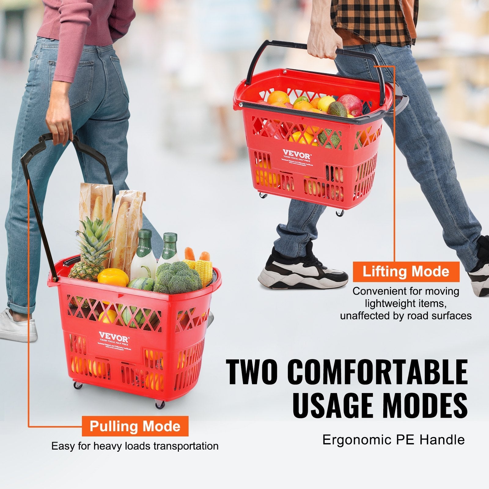 VEVOR Plastic Rolling Shopping Trolley Basket On Wheels 6PCS 39L with Handle Red 