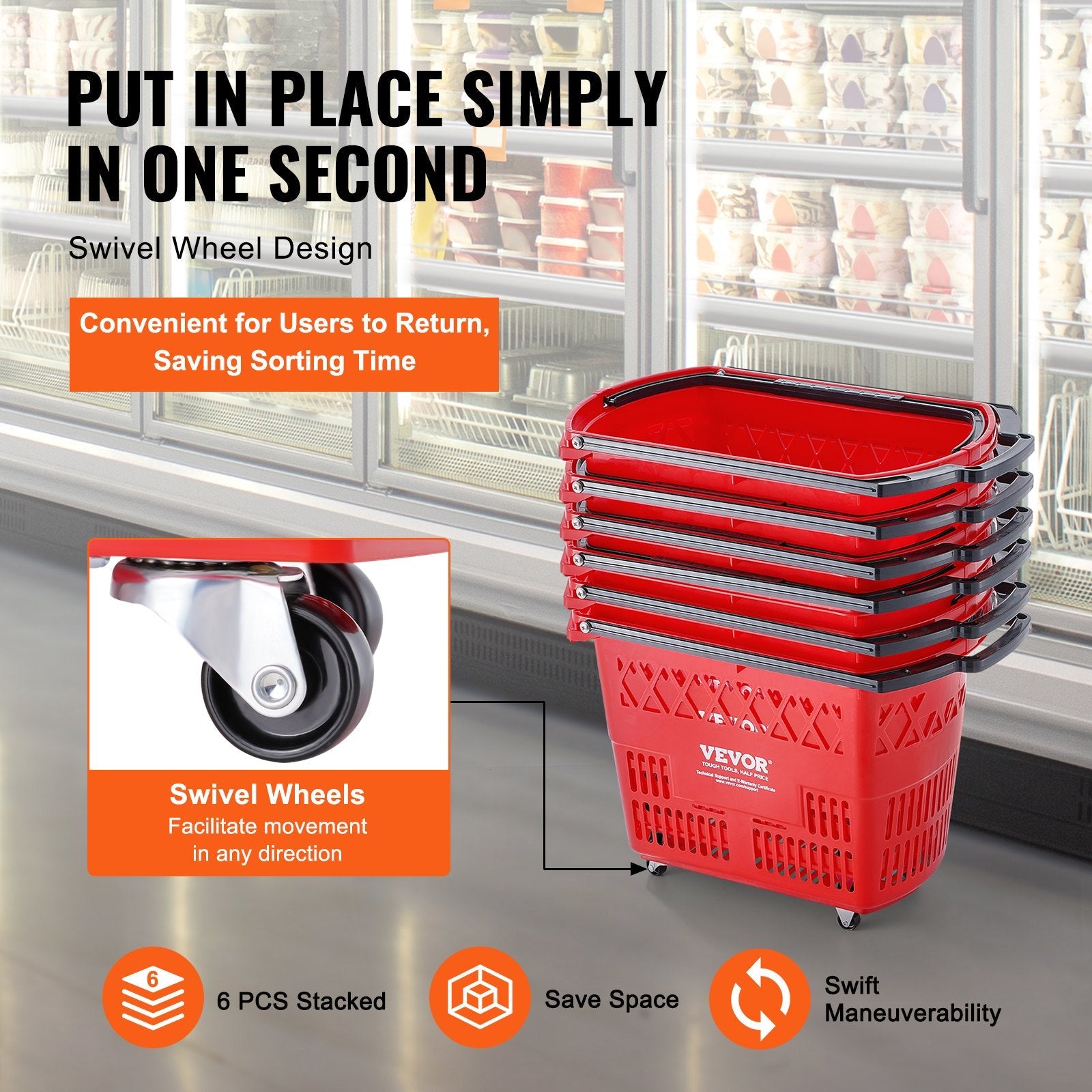 VEVOR Plastic Rolling Shopping Trolley Basket On Wheels 6PCS 39L with Handle Red 