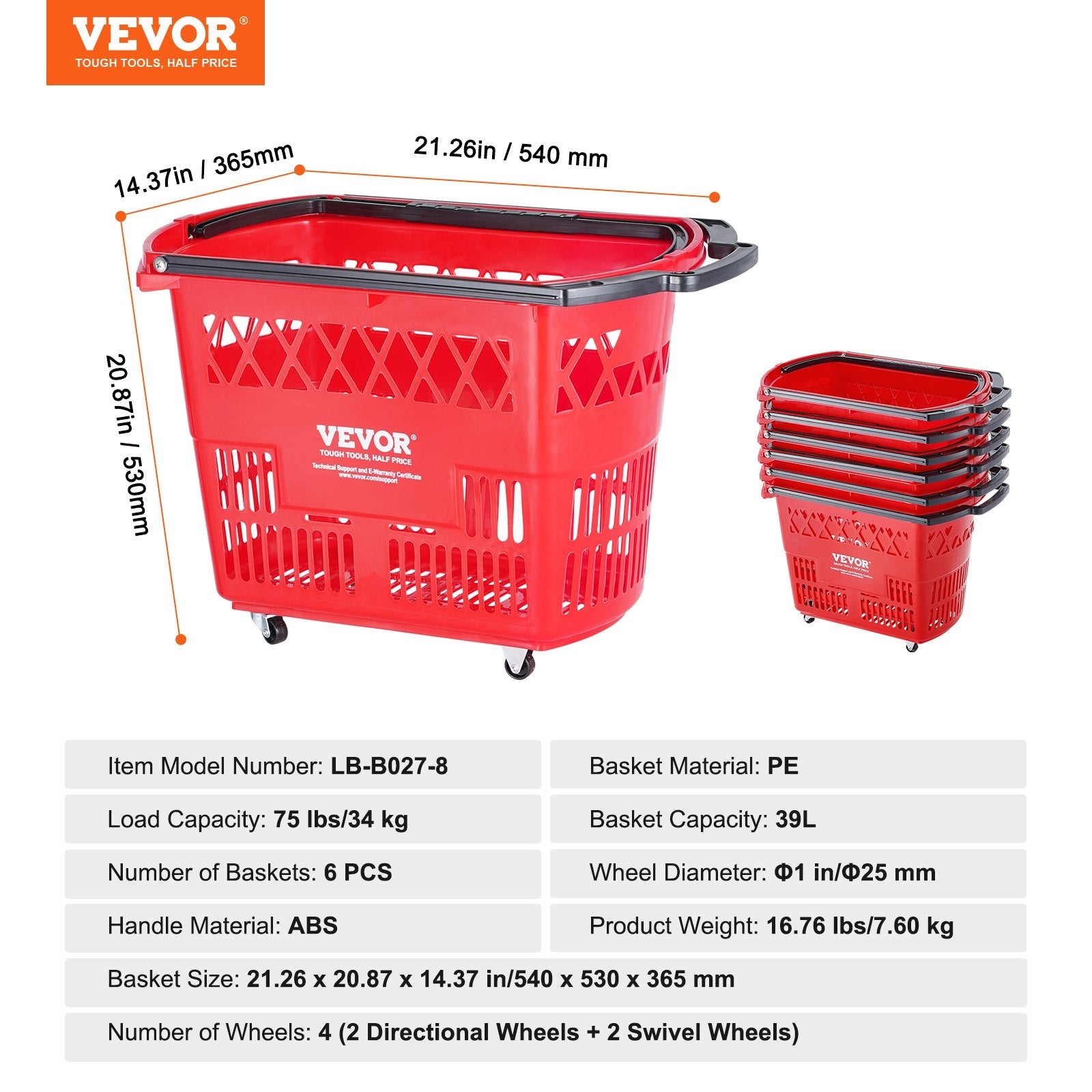 VEVOR Plastic Rolling Shopping Trolley Basket On Wheels 6PCS 39L with Handle Red 