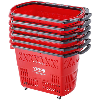 VEVOR Plastic Rolling Shopping Trolley Basket On Wheels 6PCS 39L with Handle Red 