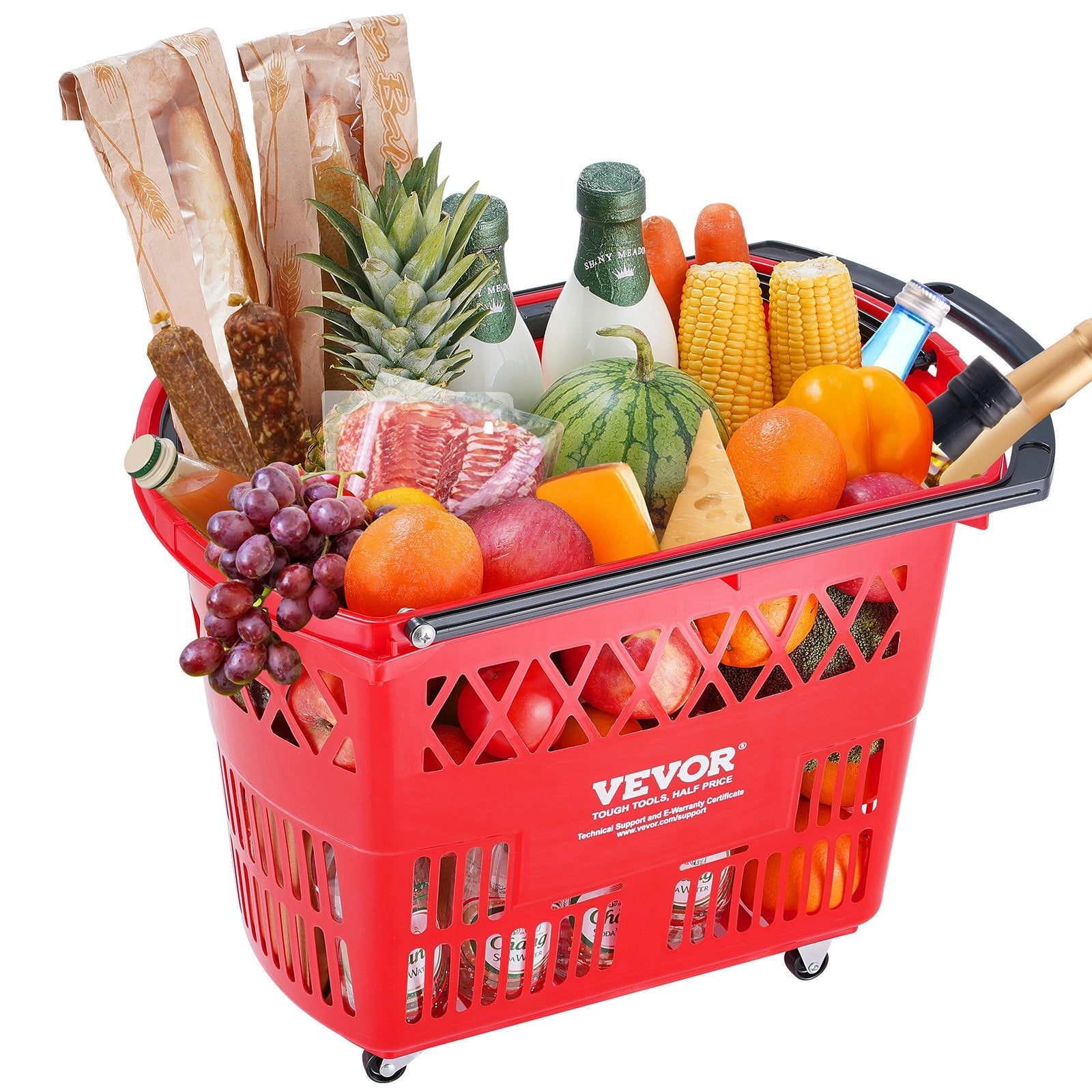 VEVOR Plastic Rolling Shopping Trolley Basket On Wheels 6PCS 39L with Handle Red 