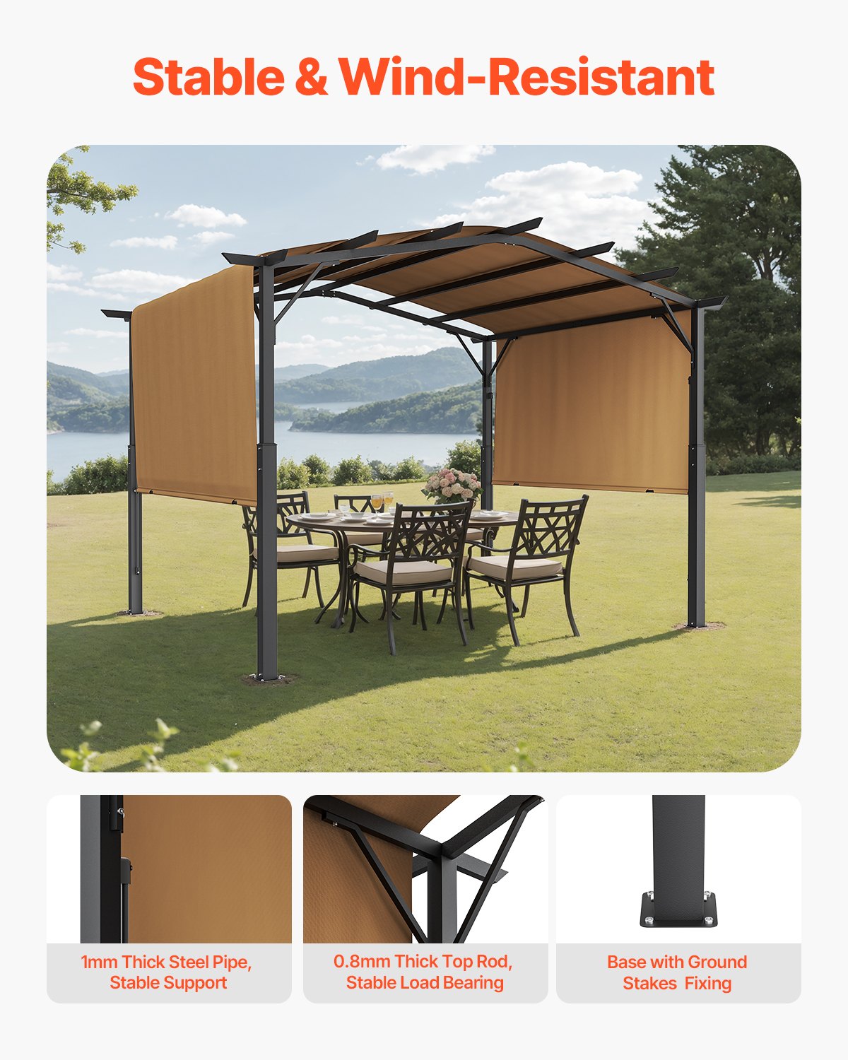 VEVOR 10x12 ft Outdoor Retractable Pergola with Canopy Arched Top Metal Pergola 