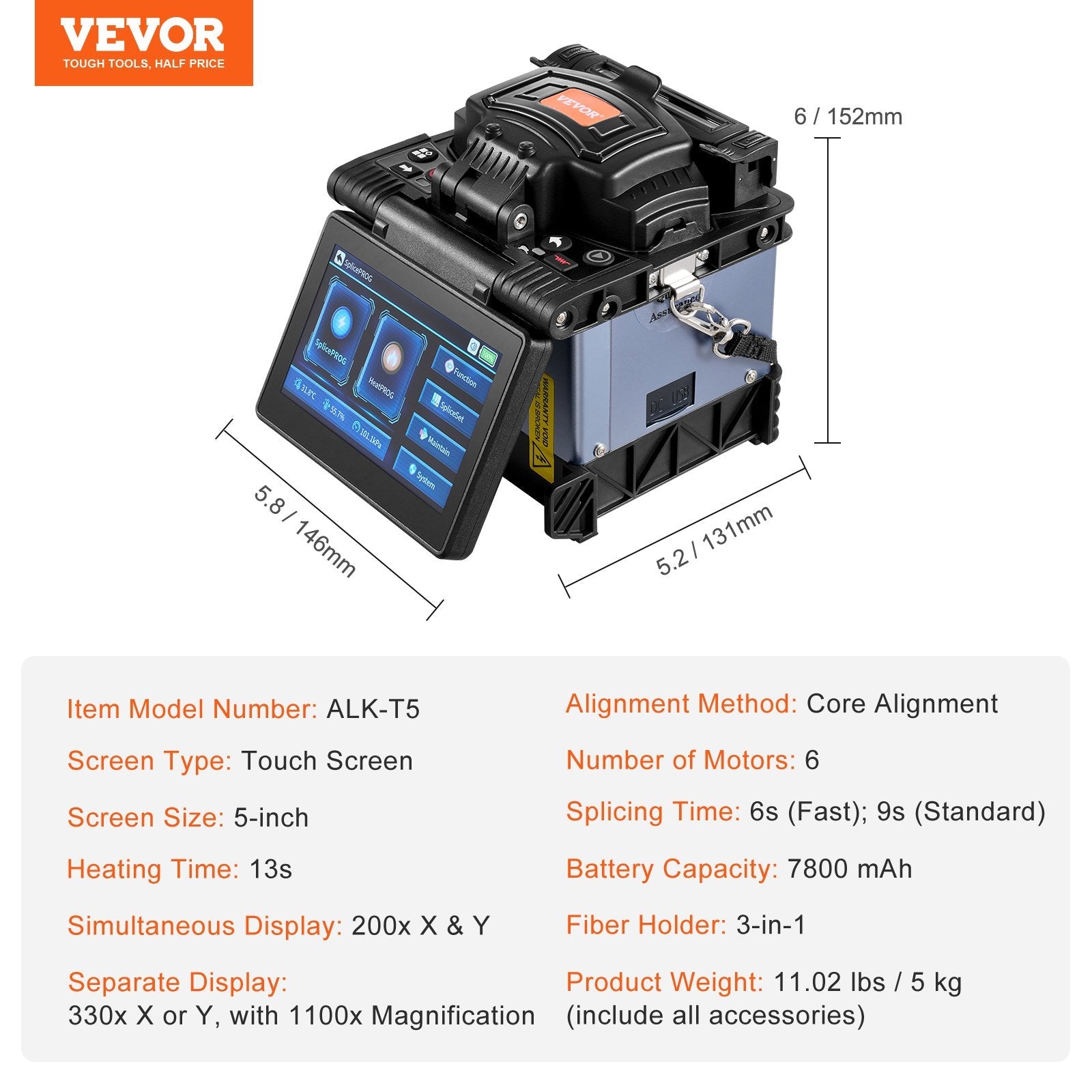 VEVOR Fiber Fusion Splicer 6 Motors Core Alignment 6s Splicing 5" Touch Screen 