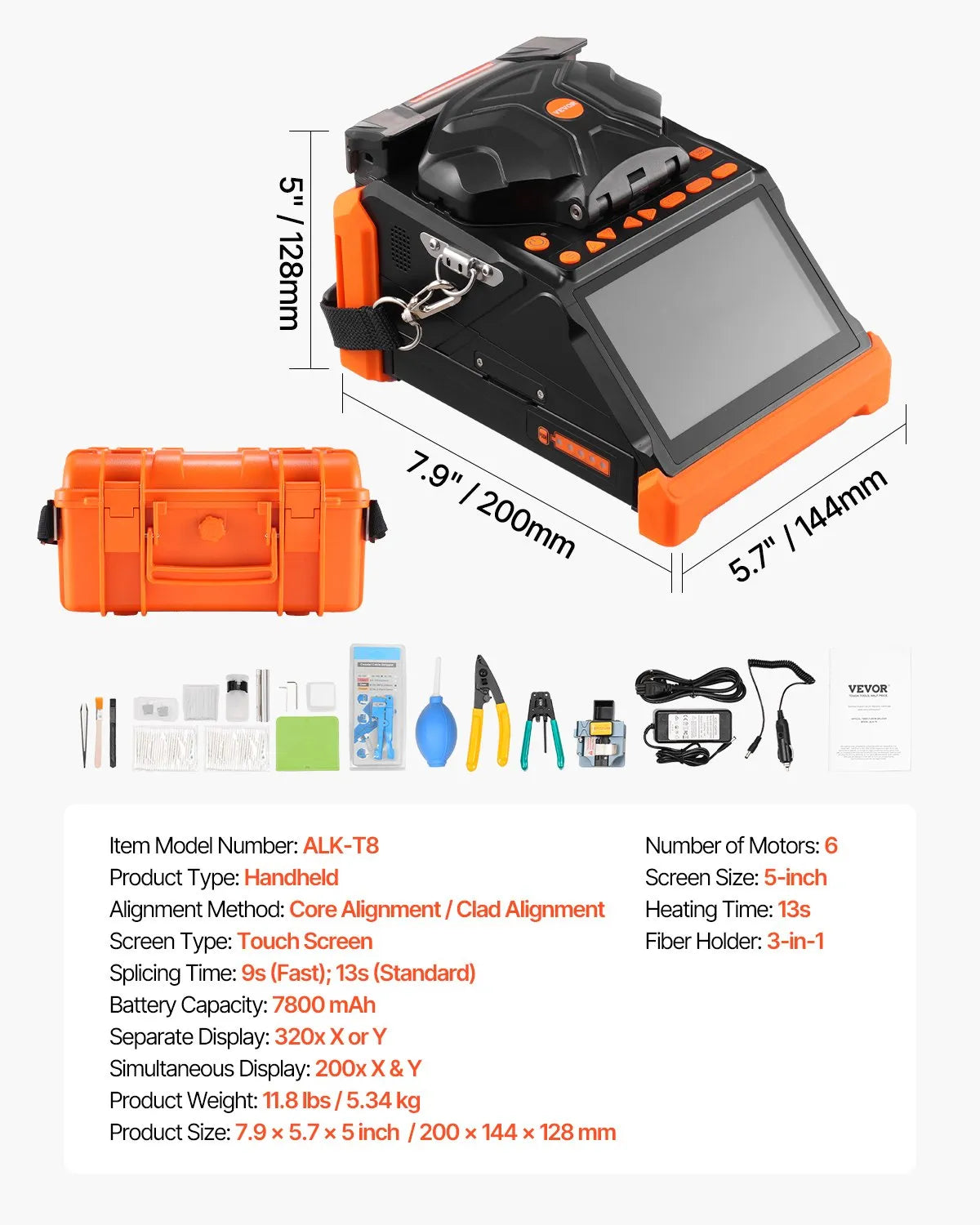 VEVOR Fiber Fusion Splicer 6 Motors, Core & Clad Alignment Fibers Optic Splicer with 6s Fast Splicing and 13s Heating, 5" Touch Screen, 3 in 1 Fiber Holder, 7800mAh Battery for SM MM DS NZDS Fibers 