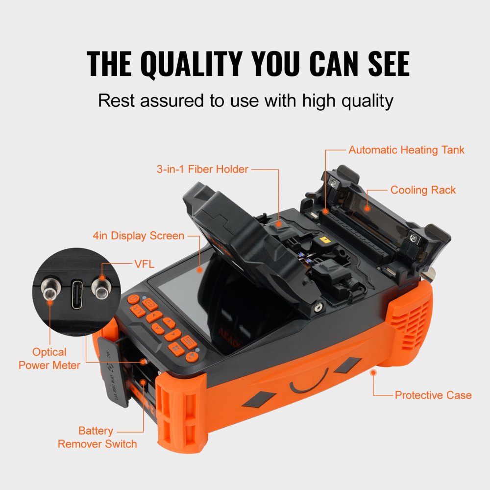 VEVOR Fiber Fusion Splicer 4 Motors, Clad Alignment Fiber Optic Fusion Splicer Kit w/ 4" Digital LCD Screen, 3 in 1 Optical Fiber Holder, Auto Focus Optical Fiber Cleaver Kit 9s Splicing 9-25s Heating 