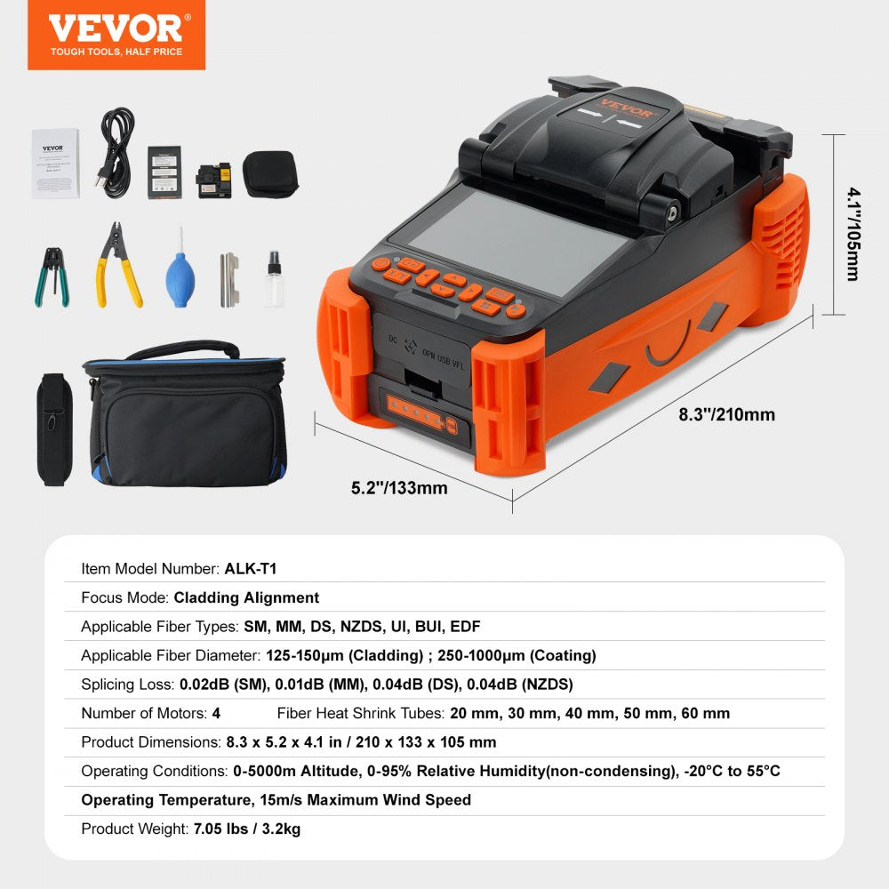 VEVOR Fiber Fusion Splicer 4 Motors, Clad Alignment Fiber Optic Fusion Splicer Kit w/ 4" Digital LCD Screen, 3 in 1 Optical Fiber Holder, Auto Focus Optical Fiber Cleaver Kit 9s Splicing 9-25s Heating 