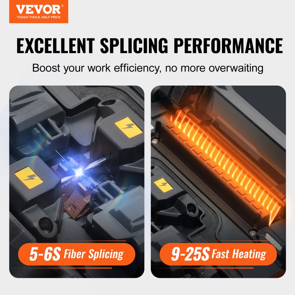 VEVOR Fiber Fusion Splicer 6 Motors, Core Alignment Fiber Optic Fusion Splicer with 4" Digital LCD Screen, Image Storage, 3 in 1 Auto Focus Optical Fiber Holder Cleaver Kit 5-6s Splicing 9-25s Heating 