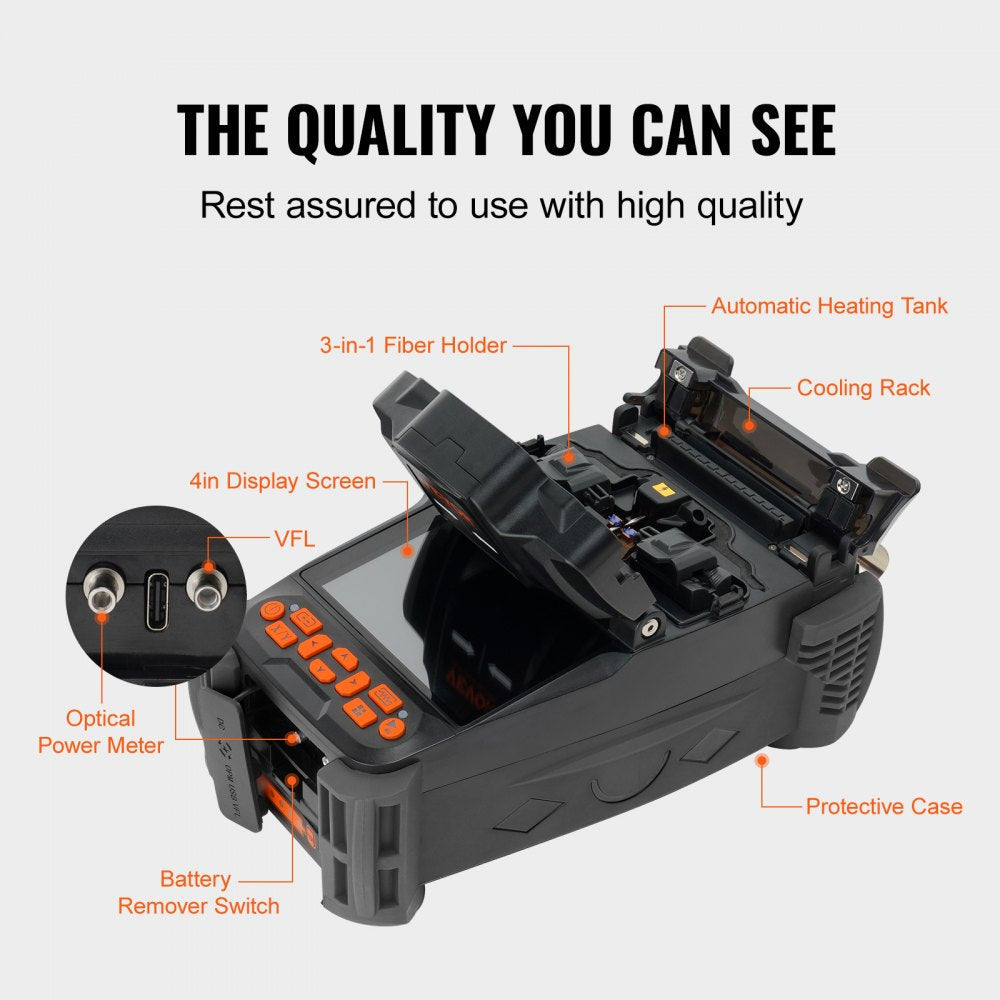 VEVOR Fiber Fusion Splicer 6 Motors, Core Alignment Fiber Optic Fusion Splicer with 4" Digital LCD Screen, Image Storage, 3 in 1 Auto Focus Optical Fiber Holder Cleaver Kit 5-6s Splicing 9-25s Heating 