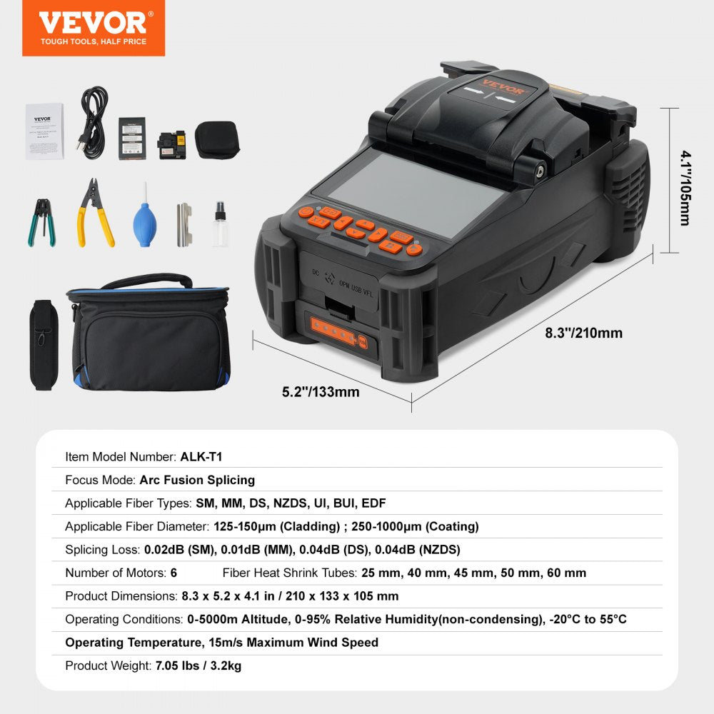 VEVOR Fiber Fusion Splicer 6 Motors, Core Alignment Fiber Optic Fusion Splicer with 4" Digital LCD Screen, Image Storage, 3 in 1 Auto Focus Optical Fiber Holder Cleaver Kit 5-6s Splicing 9-25s Heating 