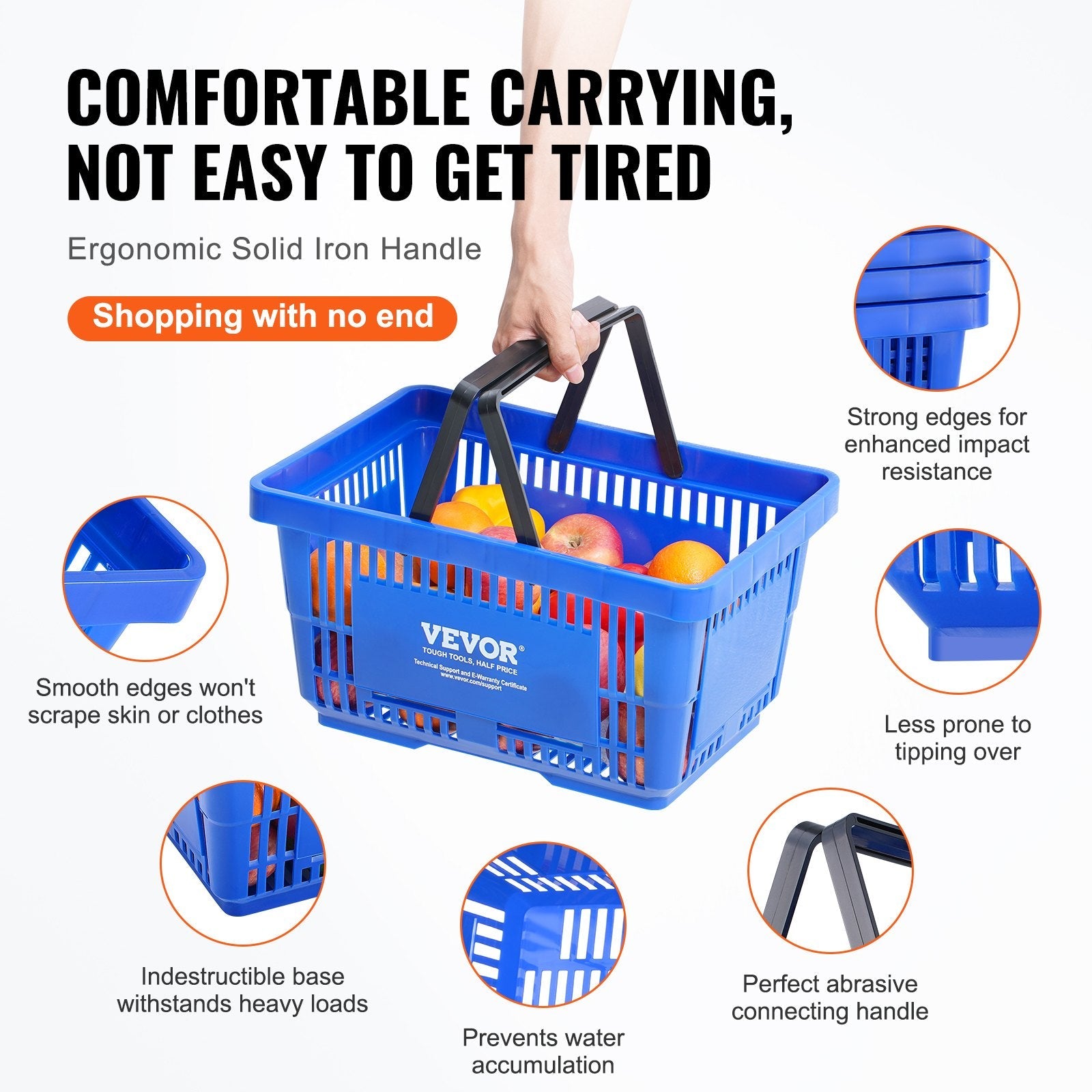 VEVOR Shopping Basket, Set of 12, 24L Durable Plastic Grocery Basket with Handle and Stand, 16.73 x 11.61 x 8.86 inch Portable Shop Basket Bulk Used for Retail Store Supermarket Grocery Shopping, Blue 