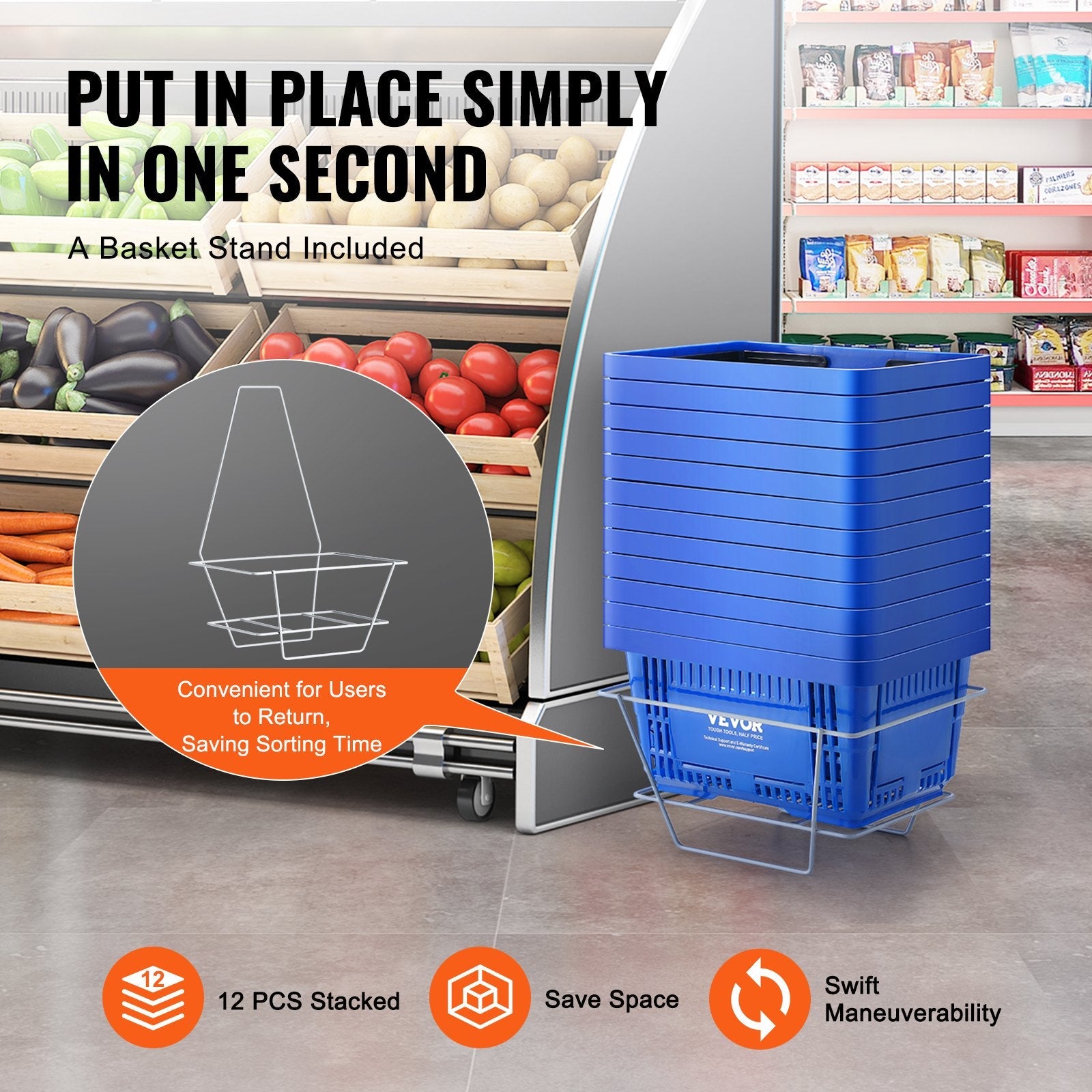 VEVOR Shopping Basket, Set of 12, 24L Durable Plastic Grocery Basket with Handle and Stand, 16.73 x 11.61 x 8.86 inch Portable Shop Basket Bulk Used for Retail Store Supermarket Grocery Shopping, Blue 