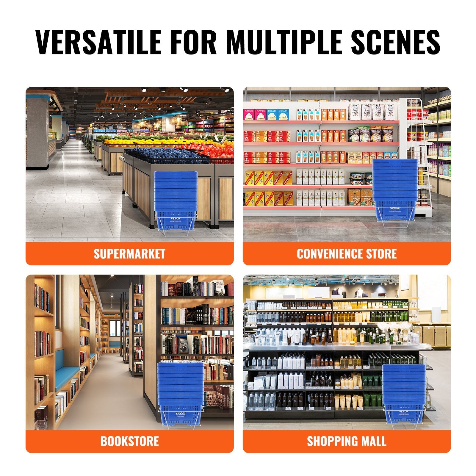 VEVOR Shopping Basket, Set of 12, 24L Durable Plastic Grocery Basket with Handle and Stand, 16.73 x 11.61 x 8.86 inch Portable Shop Basket Bulk Used for Retail Store Supermarket Grocery Shopping, Blue 