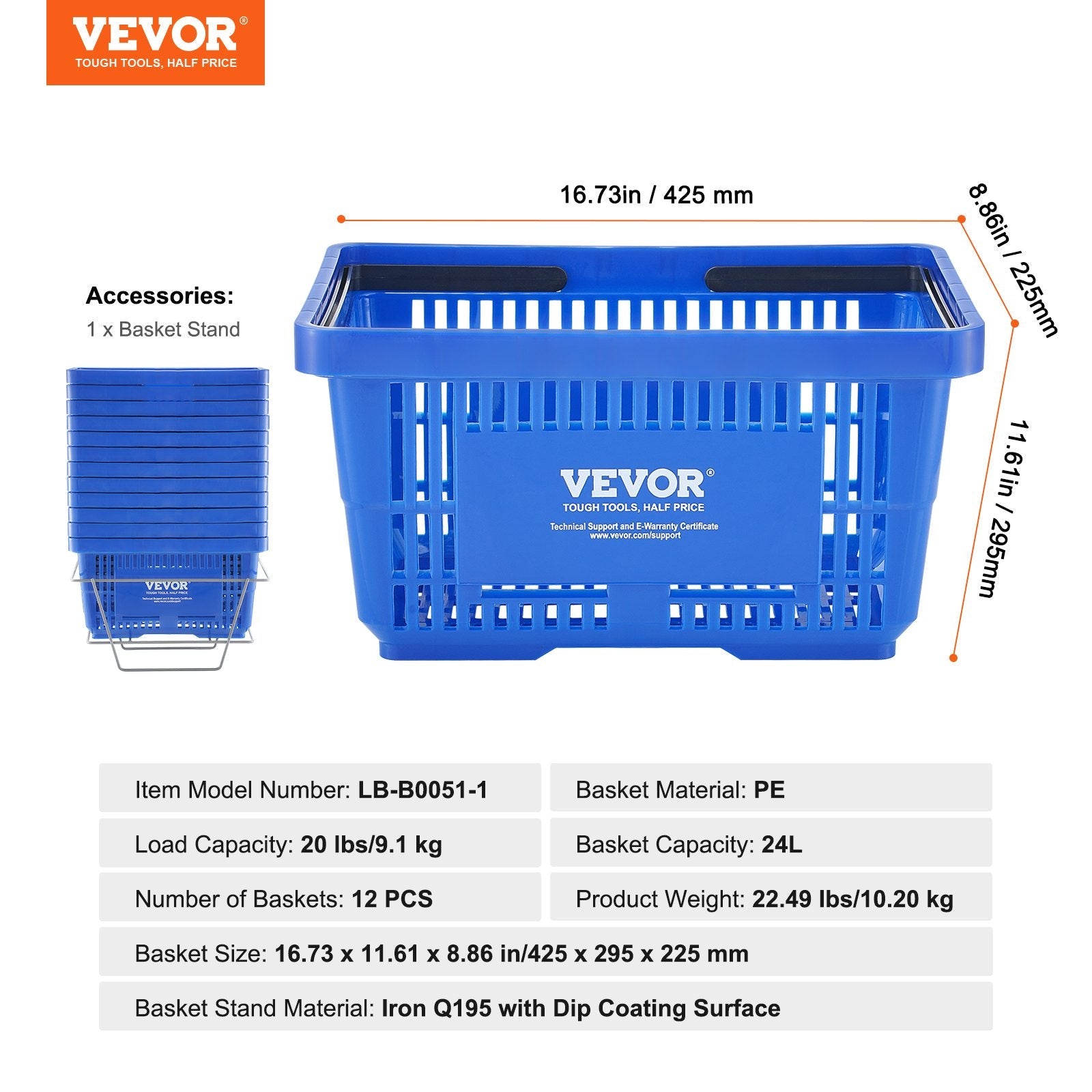 VEVOR Shopping Basket, Set of 12, 24L Durable Plastic Grocery Basket with Handle and Stand, 16.73 x 11.61 x 8.86 inch Portable Shop Basket Bulk Used for Retail Store Supermarket Grocery Shopping, Blue 