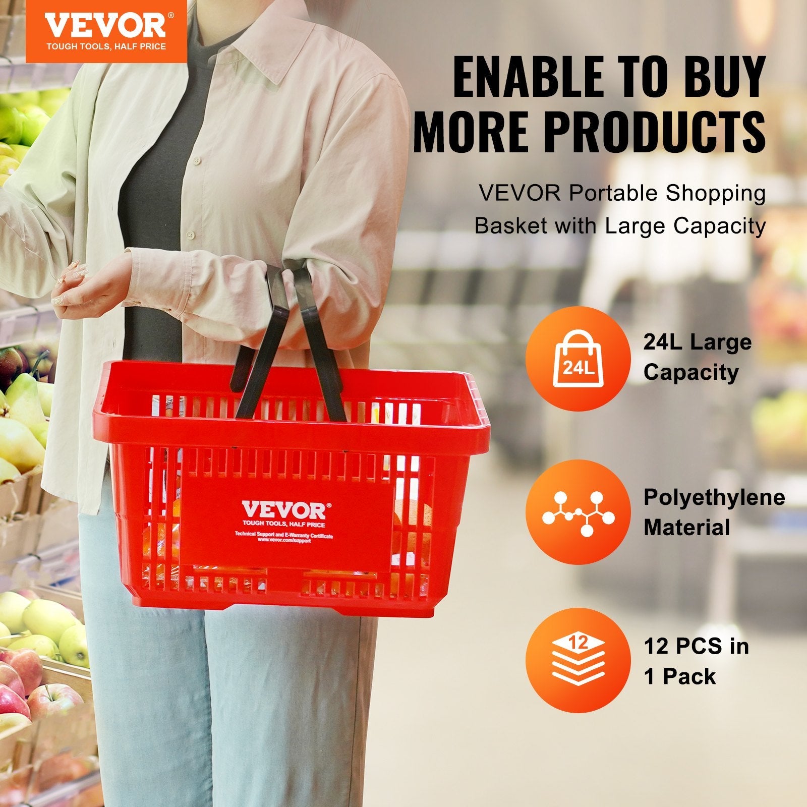 VEVOR Shopping Basket, Set of 12, 24L Durable Plastic Grocery Basket with Handle and Stand, 16.73 x 11.61 x 8.86 inch Portable Shop Basket Bulk Used for Retail Store Supermarket Grocery Shopping, Red 