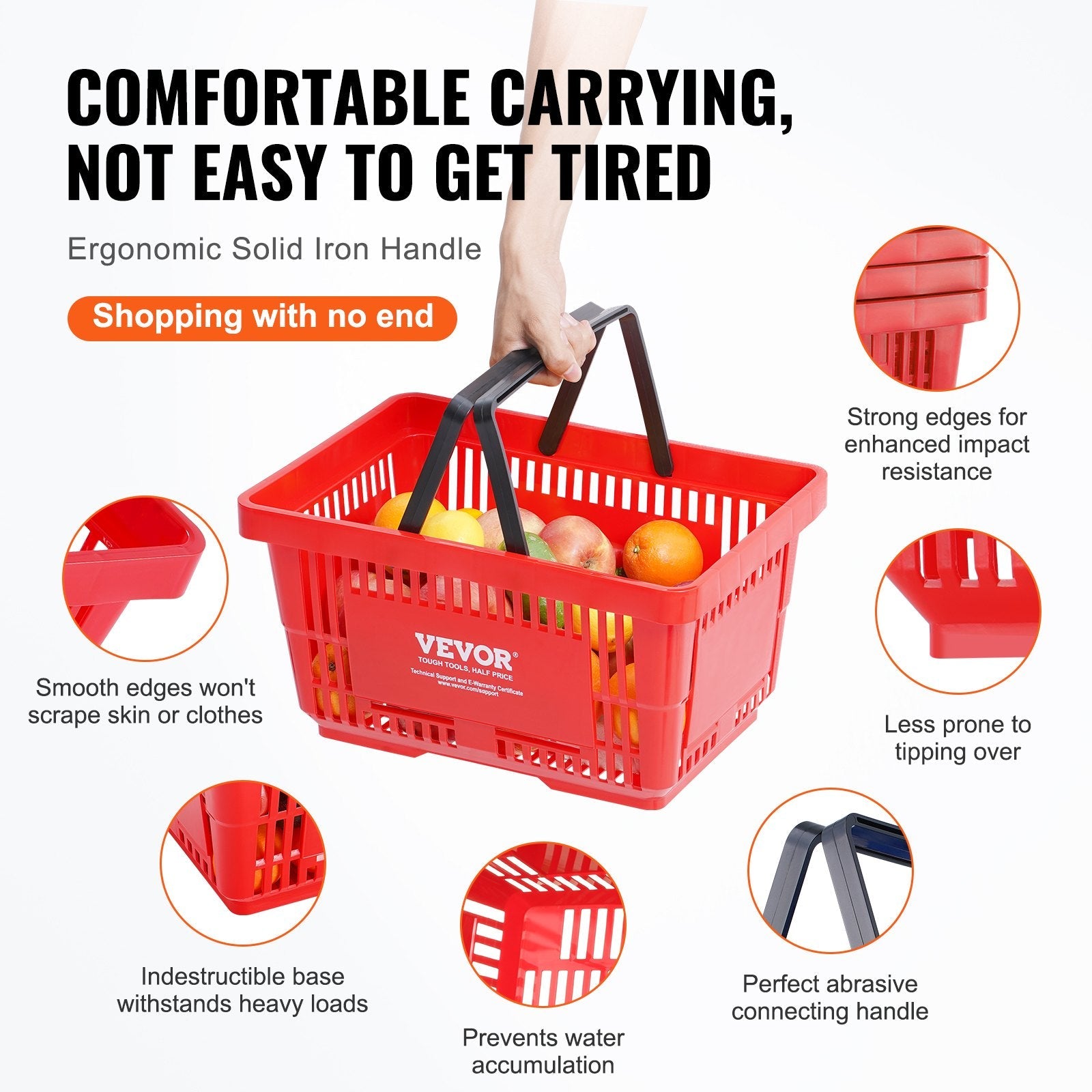 VEVOR Shopping Basket, Set of 12, 24L Durable Plastic Grocery Basket with Handle and Stand, 16.73 x 11.61 x 8.86 inch Portable Shop Basket Bulk Used for Retail Store Supermarket Grocery Shopping, Red 