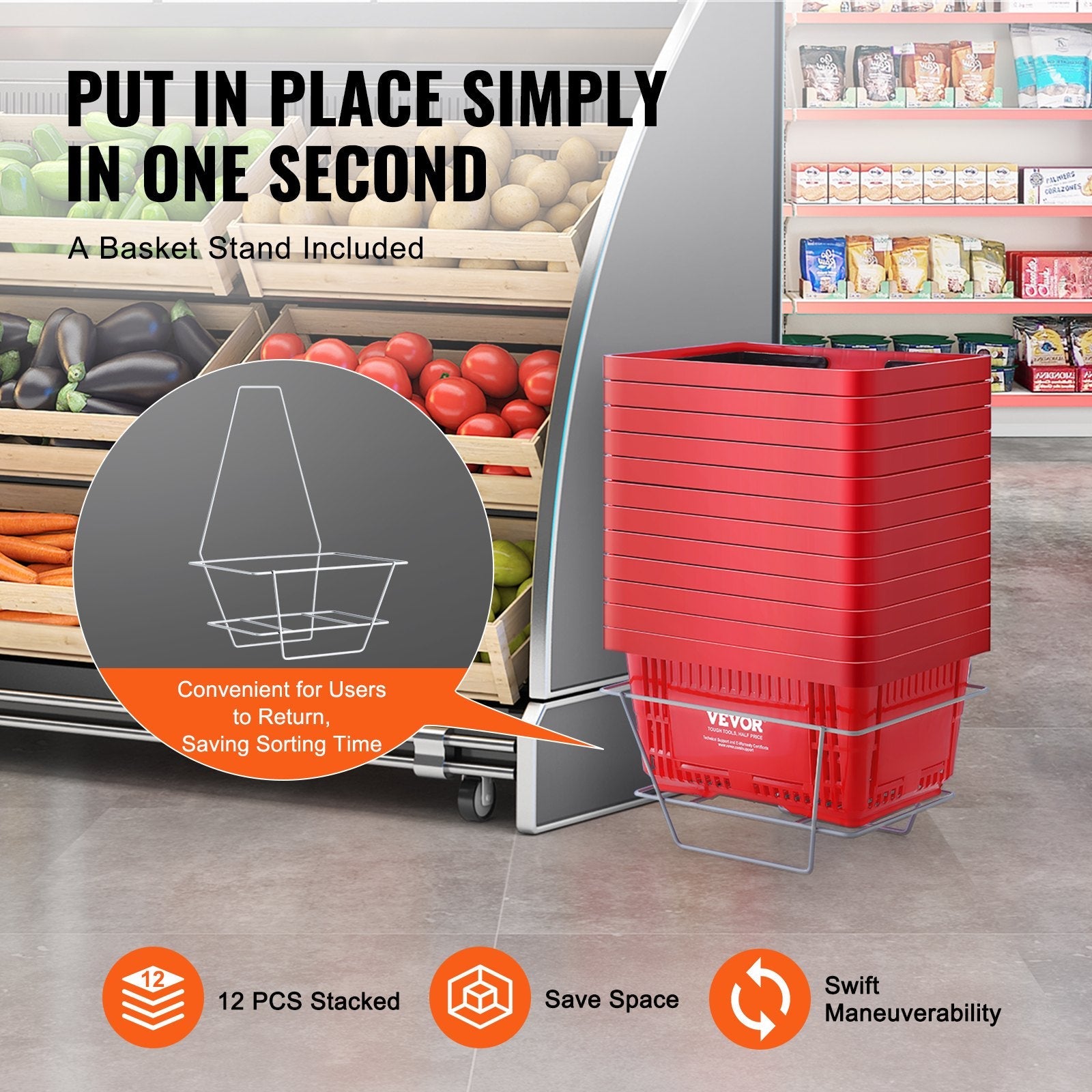 VEVOR Shopping Basket, Set of 12, 24L Durable Plastic Grocery Basket with Handle and Stand, 16.73 x 11.61 x 8.86 inch Portable Shop Basket Bulk Used for Retail Store Supermarket Grocery Shopping, Red 